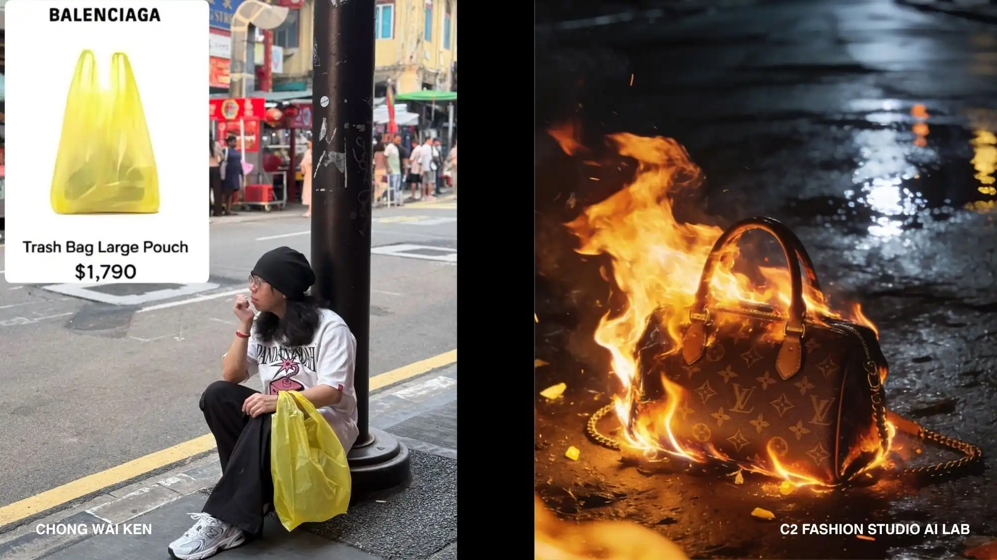 gen z luxury fashion trends disruption, balenciaga trash bag concept and burning luxury handbag, fashion trend forecasting and cultural shift in luxury value