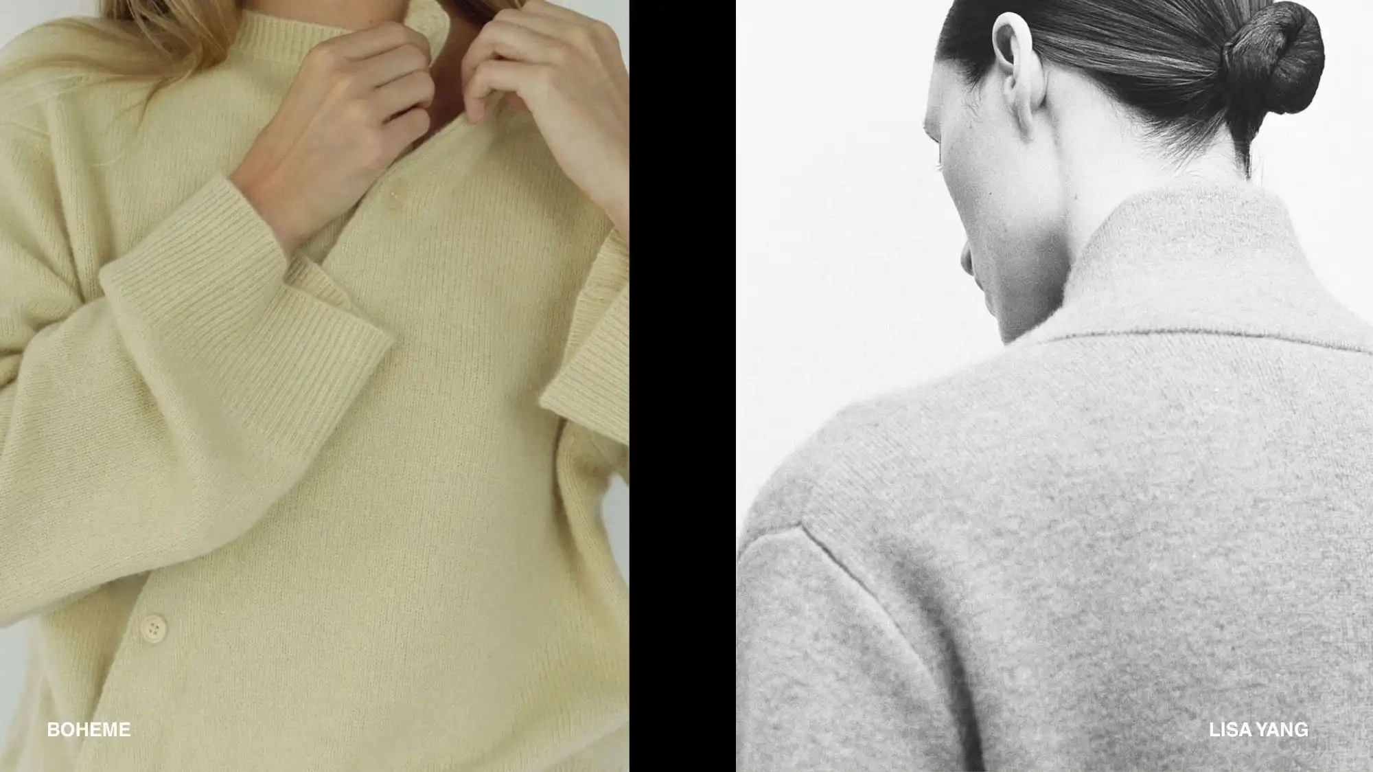 Boheme butter yellow cardigan and Lisa Yang grey high-neck sweater featured in C2's Knitwear AW 2027 2028 trend forecast.