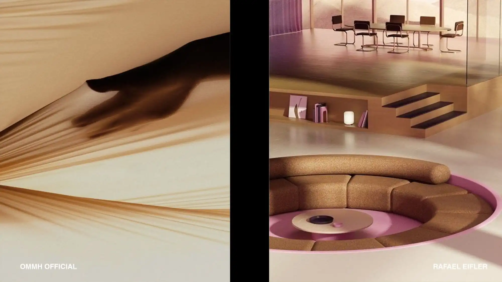 Split visual of draped beige fabric and a soft-pink sunken lounge interior, illustrating C2 Fashion Studio trend forecasting on the self-preservation era.