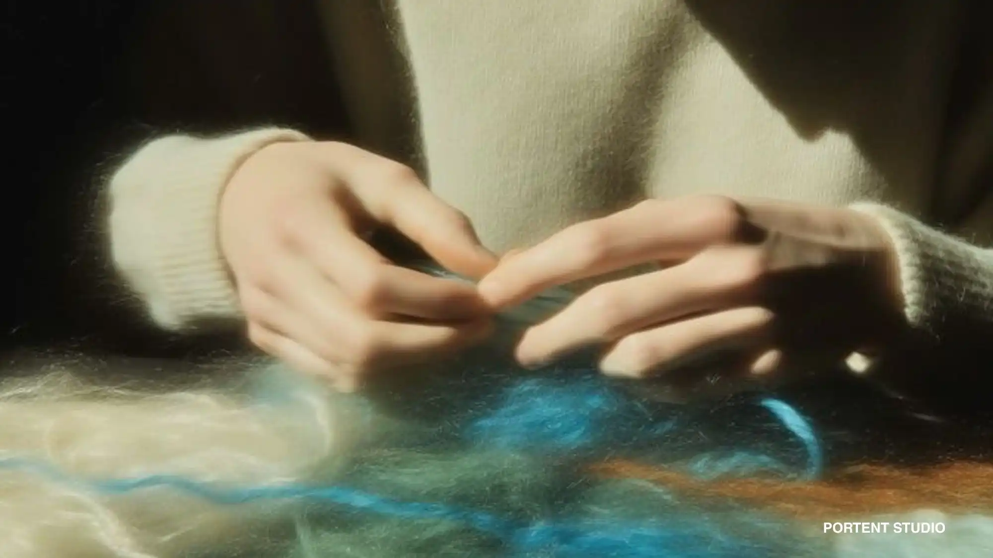 Hands working with raw wool fibers in cream and turquoise, featured in C2's Knitwear AW 2027 2028 trend forecast.