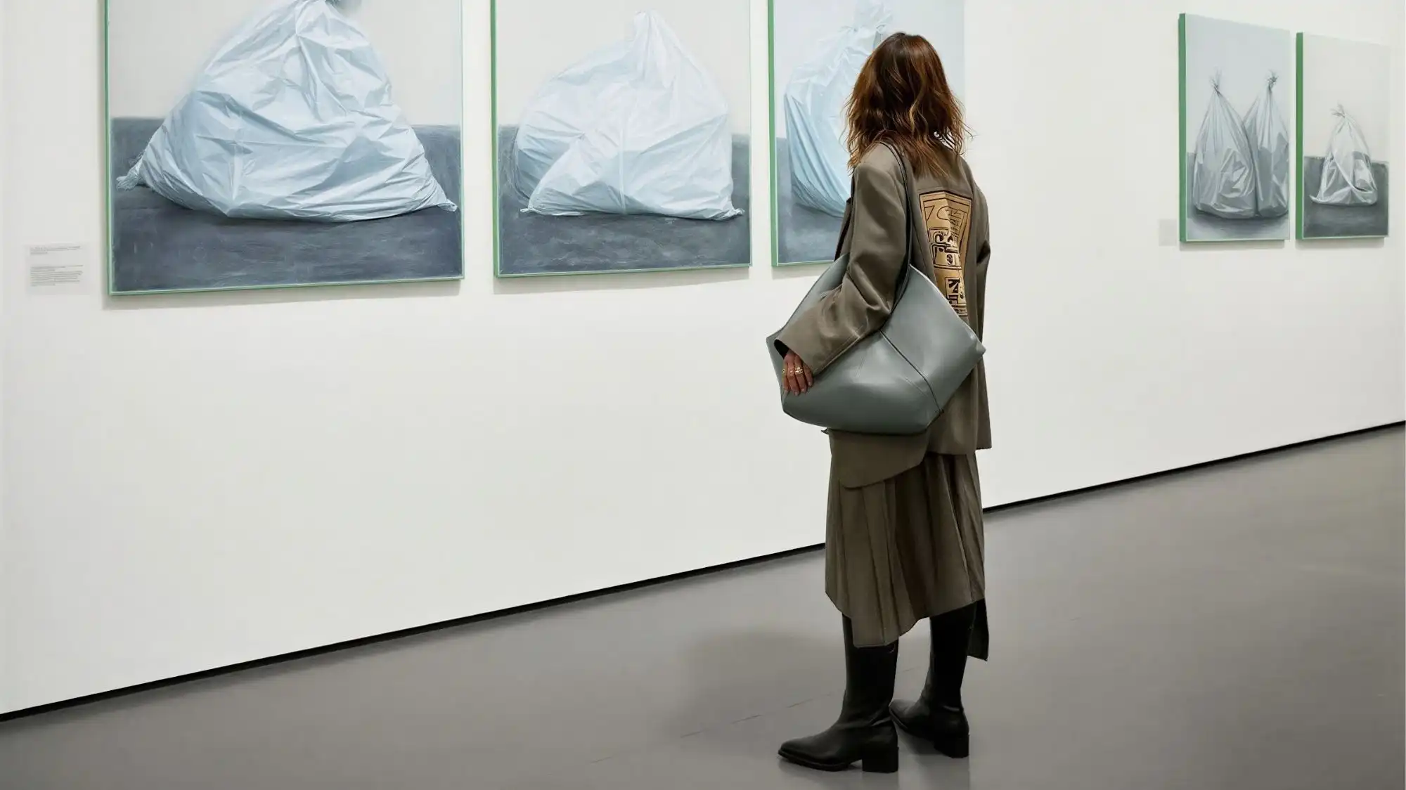 Contemporary art gallery scene featuring minimalist fashion styling, oversized sculptural bag, and conceptual artwork reflecting sustainability, cultural critique, and Future Consumer aesthetics by C2 Fashion Studio.
