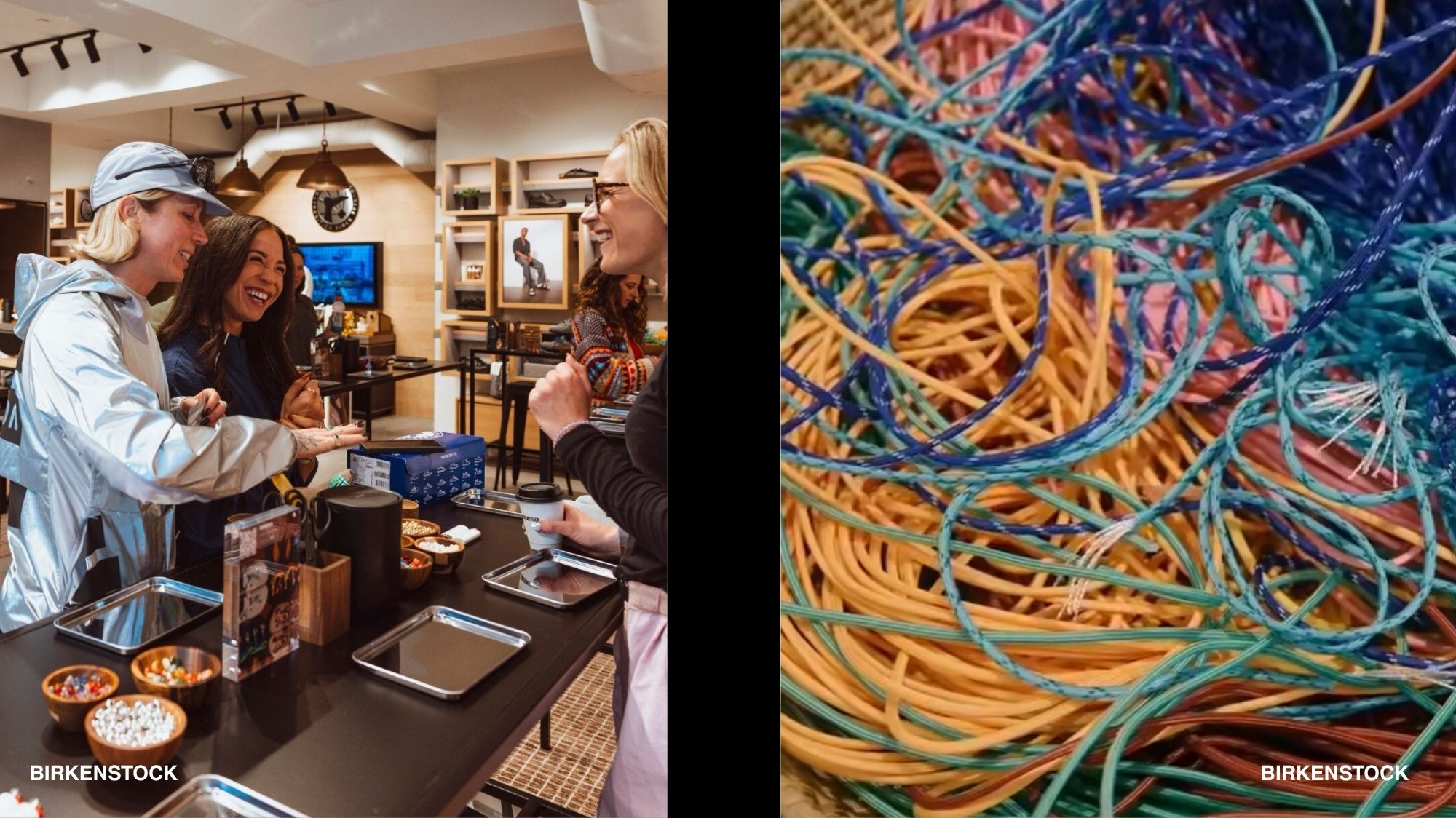 Birkenstock customization workshop with attendees and a tangle of colorful laces — Play Power 2027 fashion events and trend forecasting.