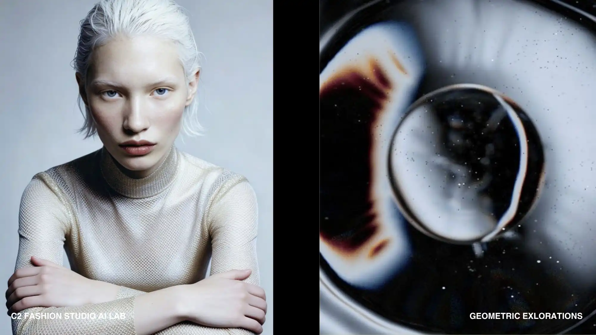 fashion trend forecasting and trend intelligence visual, metallic textile garment and geometric liquid pattern, material innovation and structured creative research in design