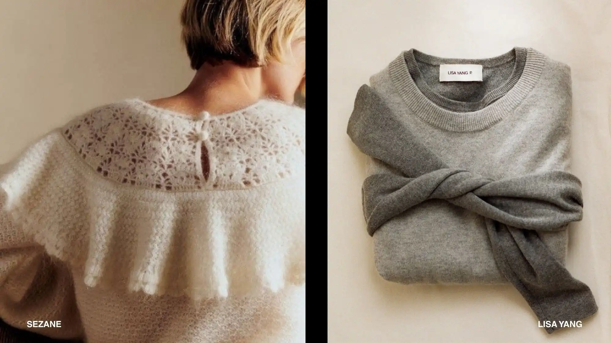 Sezane ivory pointelle mohair sweater and Lisa Yang grey cashmere crewneck featured in C2's Knitwear AW 2027 2028 trend forecast.