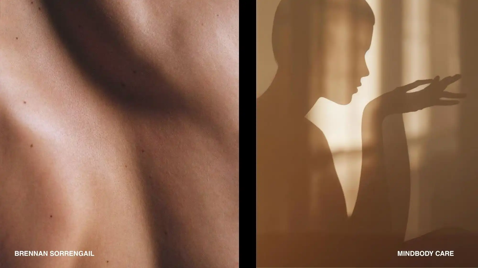 Intimate skin close-up beside a sepia silhouette in mindful gesture, illustrating embodied self-care in C2 Fashion Studio trend forecasting.