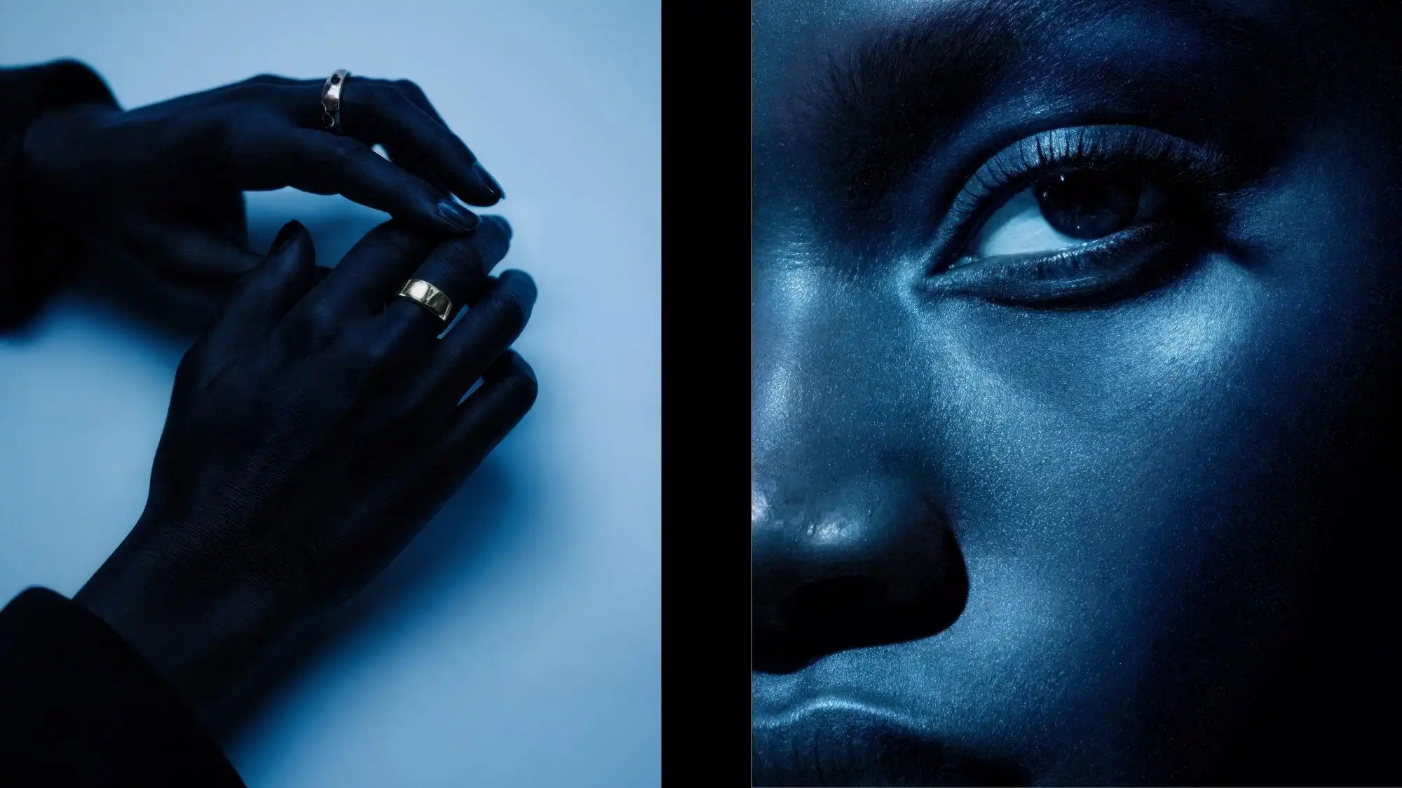 Future Consumer 2028 beauty and jewelry aesthetic featuring luminous blue skin tones, minimalist gold rings, and emotionally immersive lighting representing sensory luxury and culturally intelligent beauty by C2 Fashion Studio.