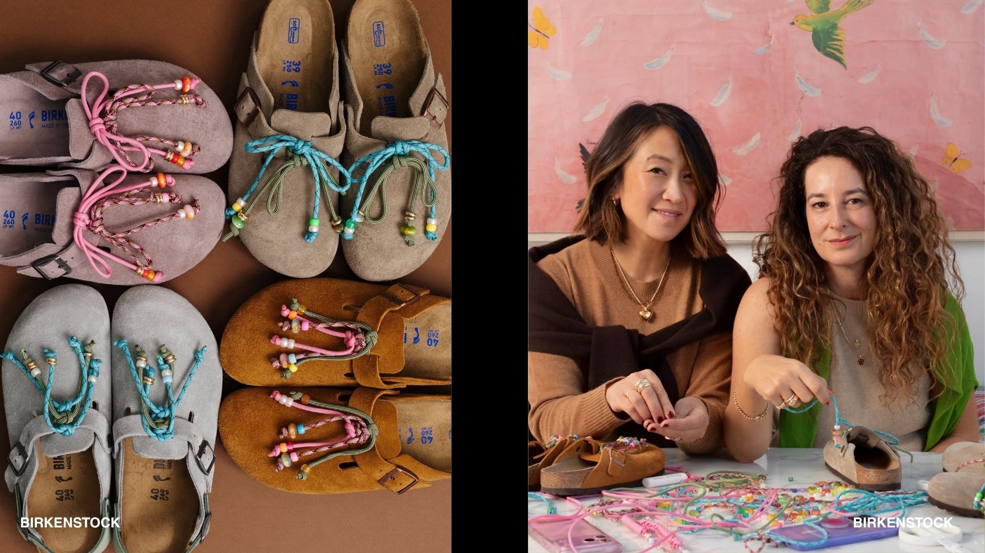 Beaded suede Birkenstocks beside two designers customizing clogs — Play Power 2027 fashion trend forecasting by C2 Fashion Studio.