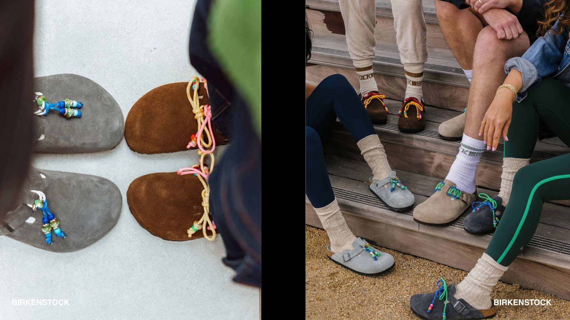 Friends wearing customized beaded Birkenstock clogs together — Play Power 2027 fashion trend forecasting by C2 Fashion Studio.