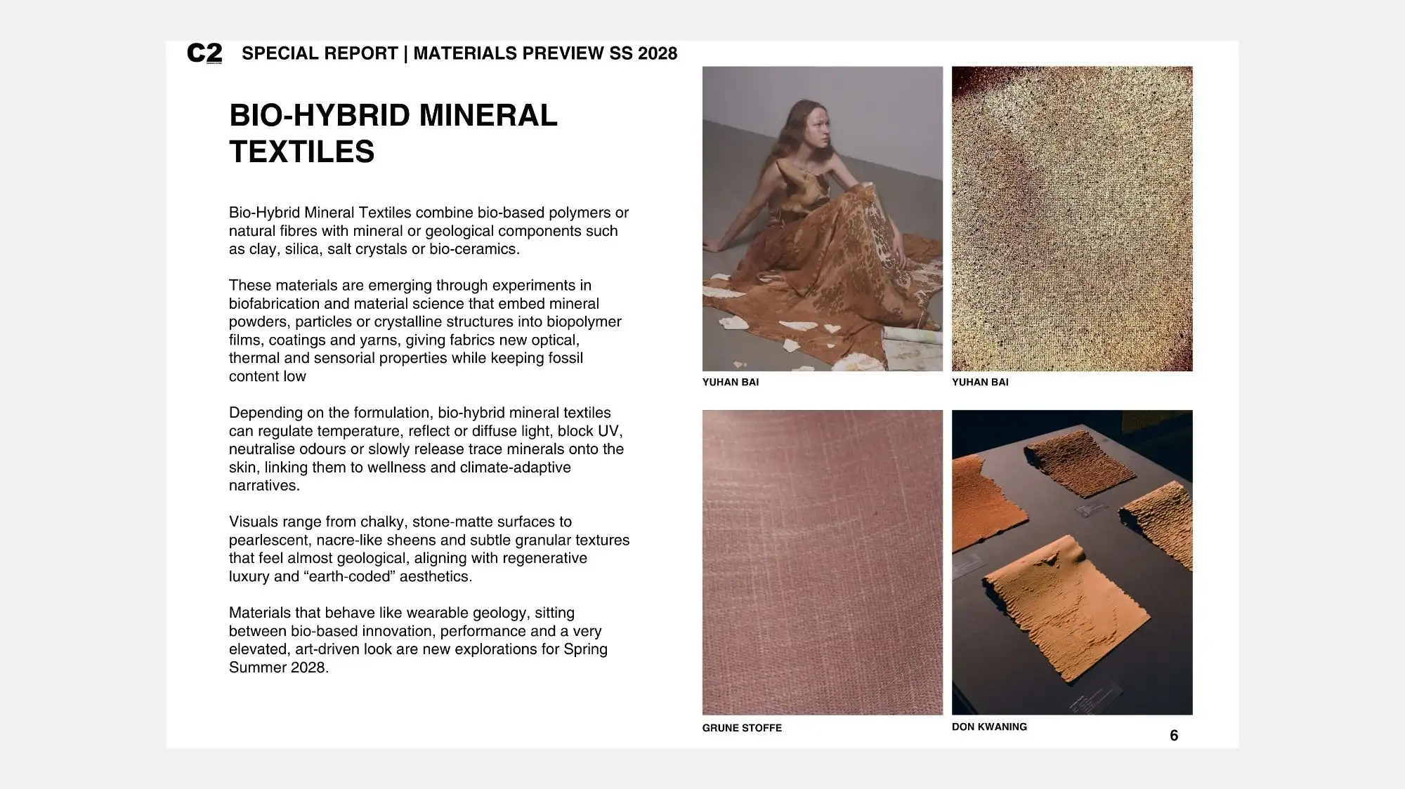 bio hybrid mineral textiles spring summer 2028 material intelligence, innovative fabrics combining natural fibres and minerals in fashion trend forecasting and trend forecasting solutions