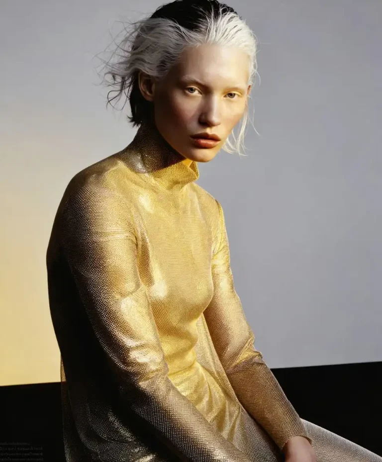 fashion trend forecasting and trend intelligence visual, metallic gold garment with futuristic aesthetic, strategic creative research shaping design direction and innovation