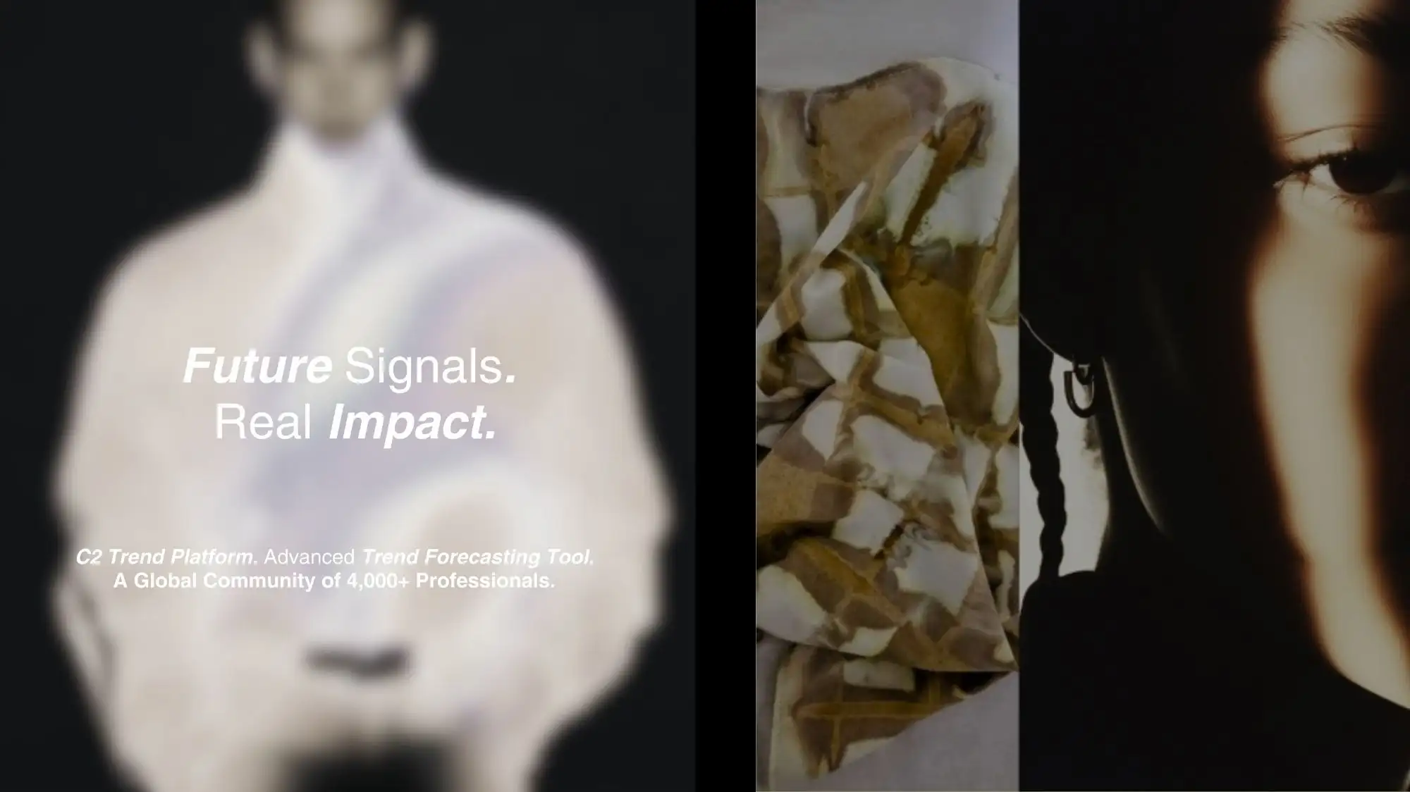 C2 Fashion Studio Trend Forecasting visual featuring abstract fashion imagery, a blurred runway silhouette, material experimentation, and a portrait detail representing Trend Intelligence, Future Consumer Insights, and strategic Trend Forecasting Solutions for creative industries.