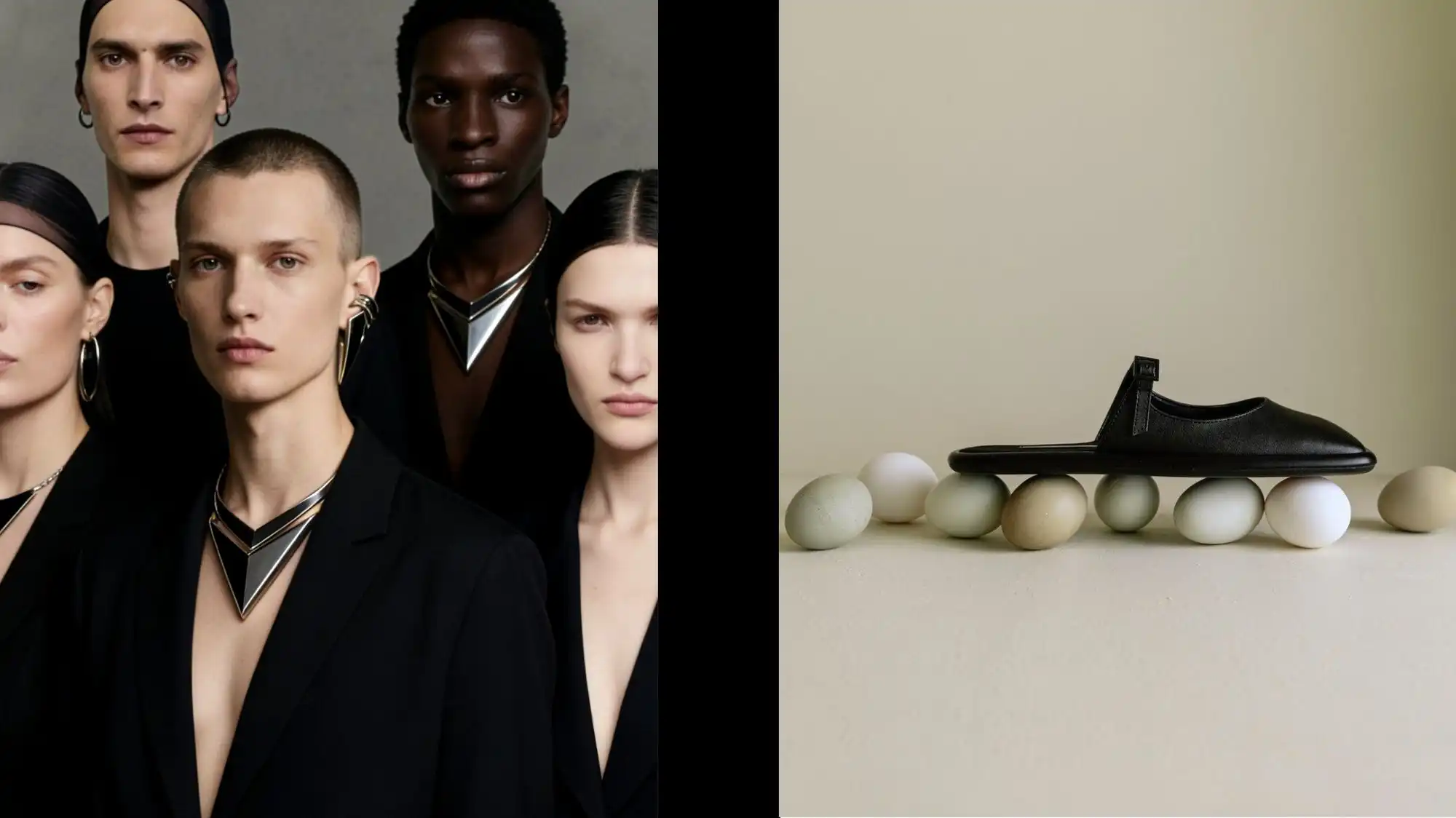 Minimal luxury fashion styling and sculptural footwear design representing Clarity Decision Intelligence by C2 Fashion Studio, featuring sharp black tailoring, geometric jewelry, and emotionally restrained product aesthetics for future fashion strategy.