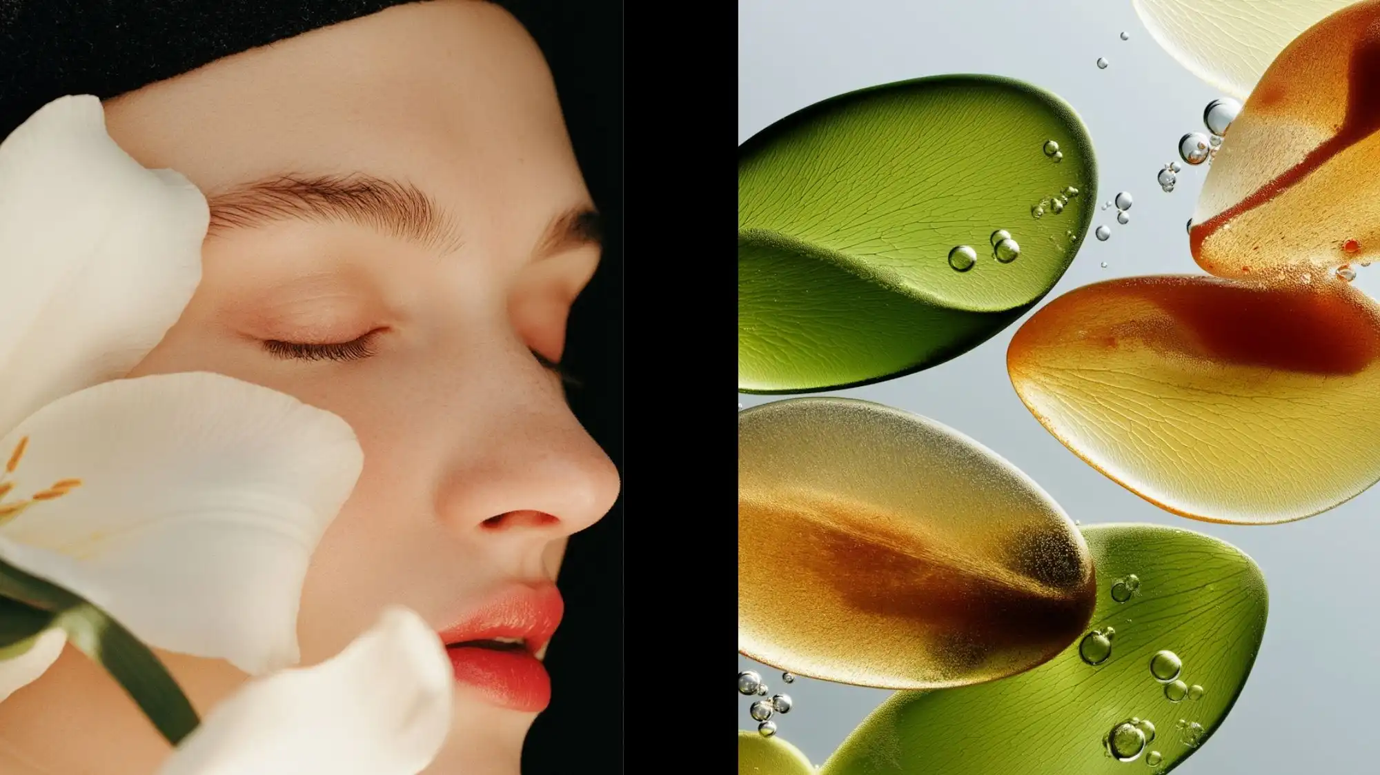 Future Consumer 2028 beauty aesthetic featuring natural glowing skin, white floral elements, and translucent organic textures representing emotional wellbeing, sensory luxury, and conscious beauty innovation by C2 Fashion Studio.