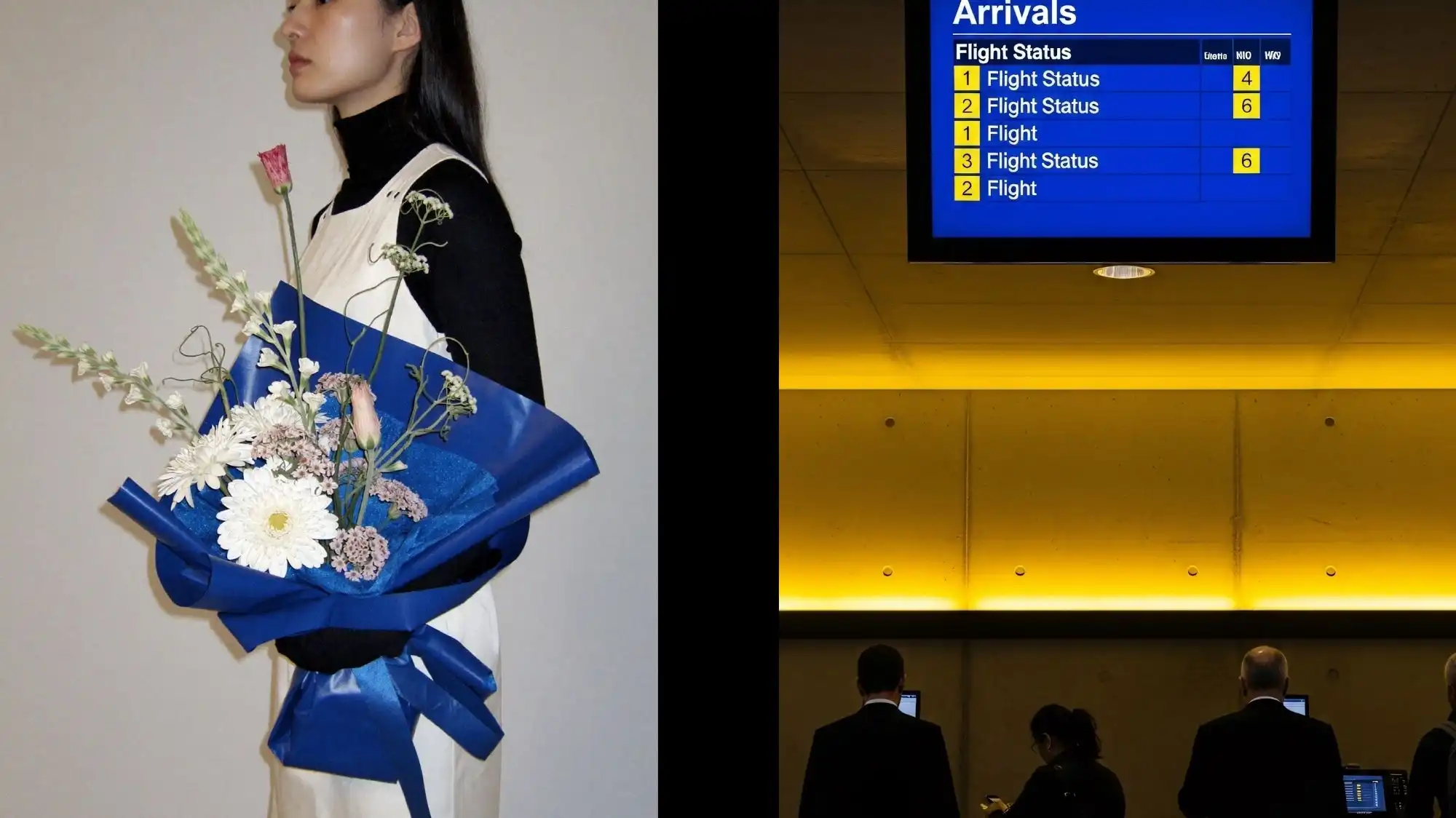 Future Consumer 2028 lifestyle aesthetic featuring a woman carrying wrapped flowers beside an airport arrivals board, representing emotional connection, mobility culture, and conscious modern living by C2 Fashion Studio.