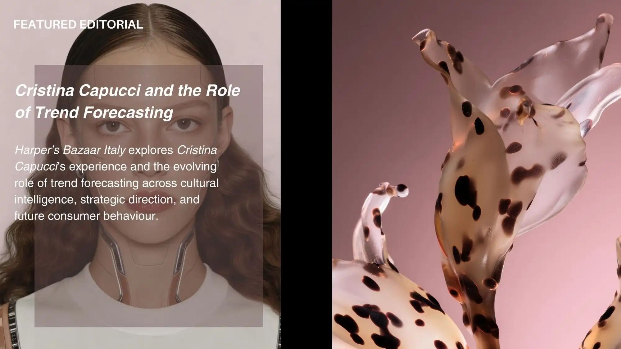 Editorial visual featuring Cristina Capucci and a futuristic AI-inspired figure, exploring the evolving role of Fashion Trend Forecasting, Trend Intelligence, and strategic cultural forecasting through C2 Fashion Studio and C2 Trend Platform.