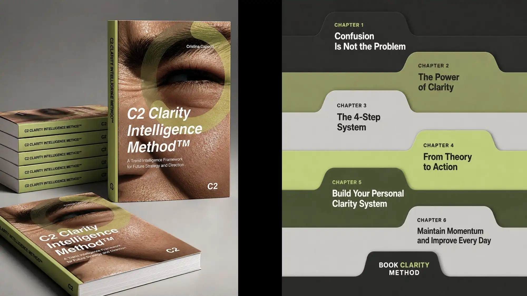 Editorial presentation of C2 Clarity Intelligence Method™ by Cristina Capucci featuring the book cover and structured chapter framework, representing strategic Fashion Trend Forecasting, Trend Intelligence, and future-focused decision systems developed through C2 Fashion Studio.
