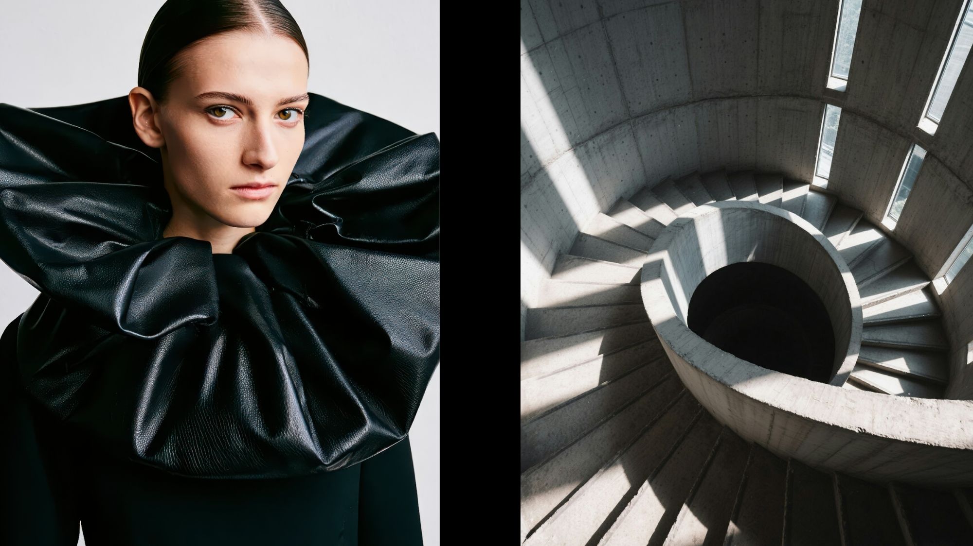Avant-garde luxury fashion portrait with sculptural black volume and architectural spiral staircase, representing strategic Fashion Trend Forecasting, futuristic silhouettes, and structured design aesthetics for Spring Summer 2027.