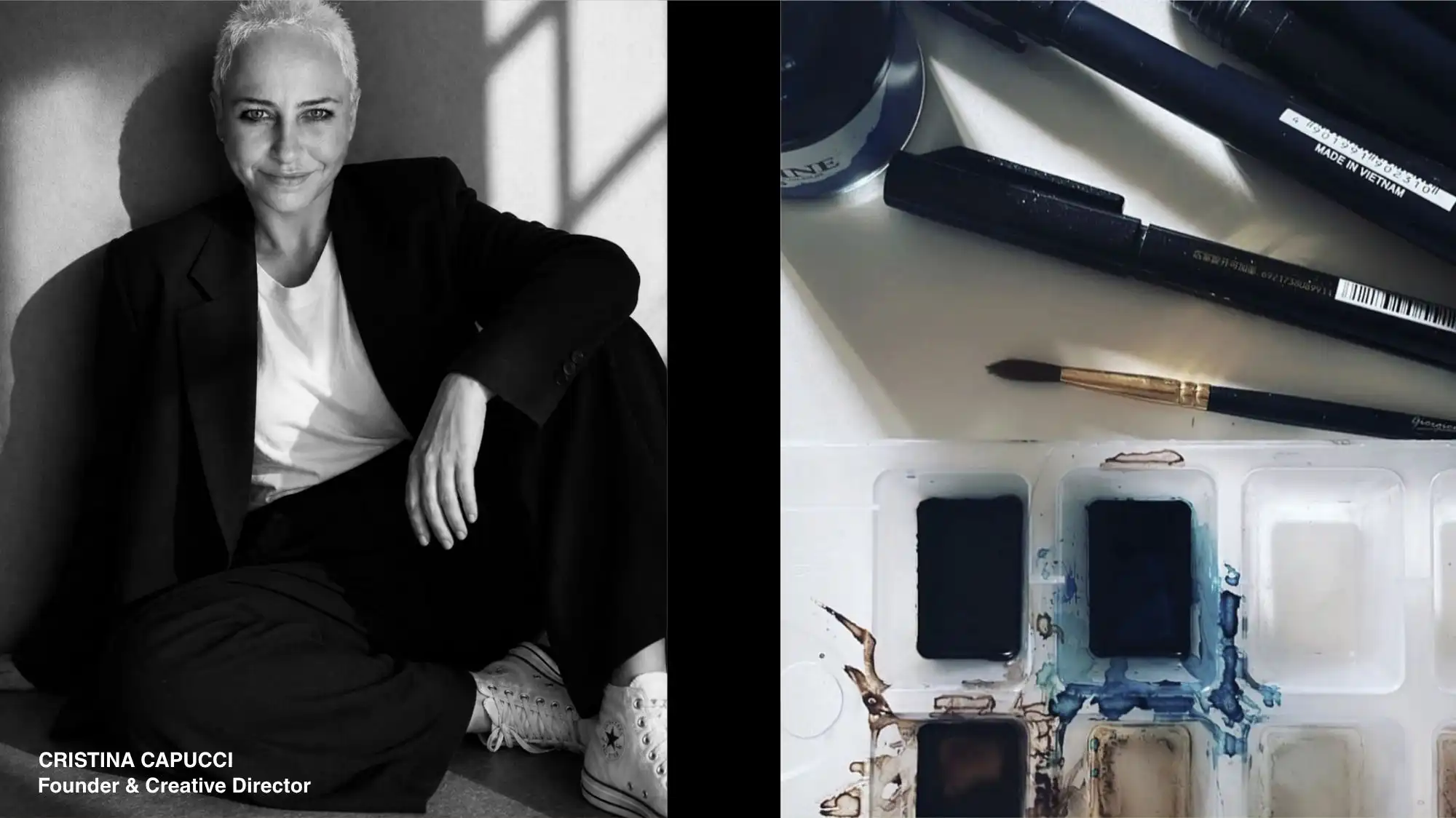 Cristina Capucci portrait alongside creative tools, representing Fashion Trend Forecasting and Trend Intelligence at C2 Fashion Studio