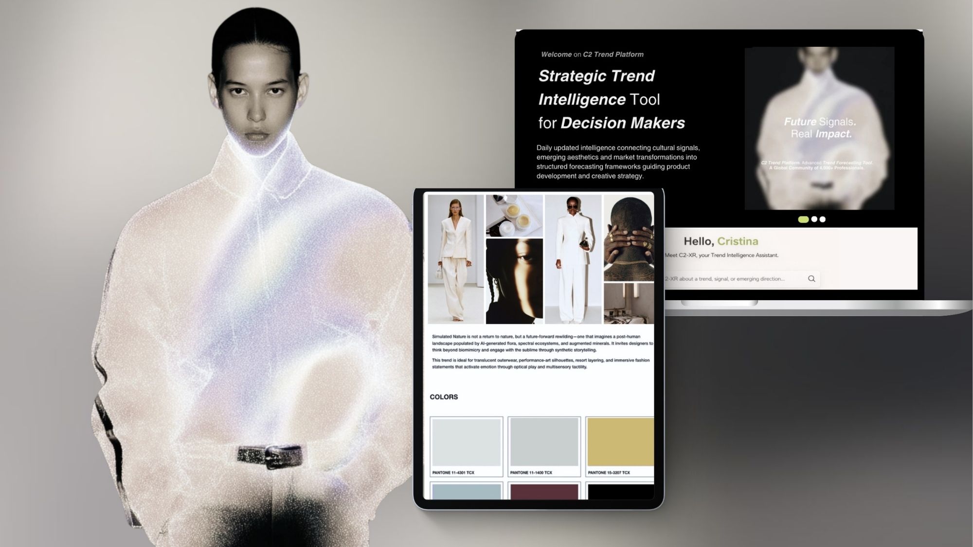 Futuristic fashion visual featuring a digital runway silhouette alongside the C2 Trend Platform interface, showcasing Fashion Trend Forecasting, Trend Intelligence, color forecasting, AI-powered insights, and strategic decision-making tools developed by C2 Fashion Studio.