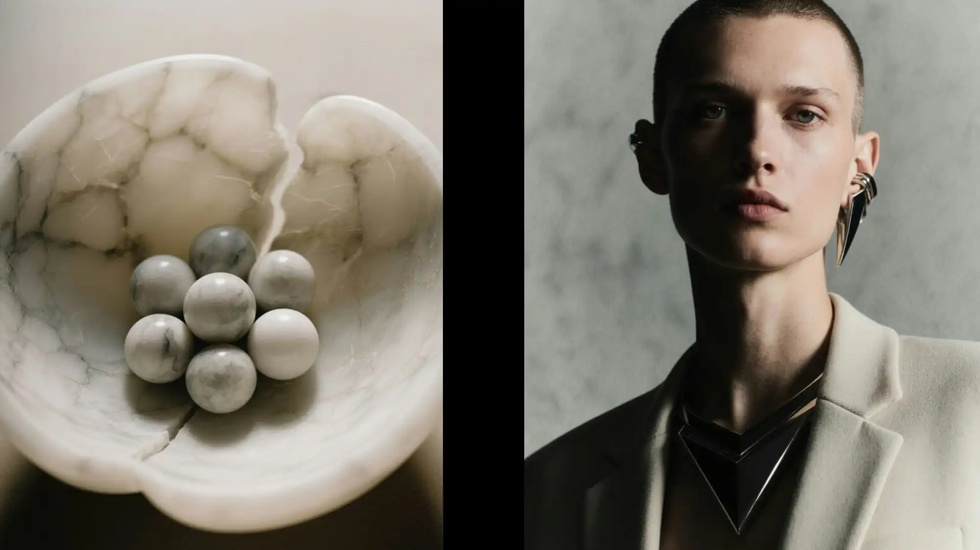 Minimalist luxury fashion portrait with sculptural marble-inspired objects and sharp metallic jewelry, expressing Clarity Decision Intelligence and refined future aesthetics by C2 Fashion Studio.