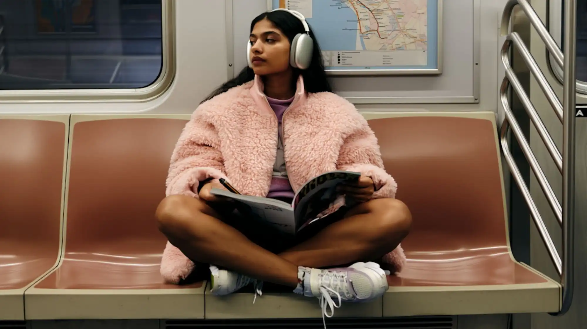 Future Consumer 2028 lifestyle aesthetic featuring a young woman in soft pink textured outerwear, oversized headphones, and casual comfort dressing inside a subway train, representing emotional wellbeing, mobility, and everyday conscious living.