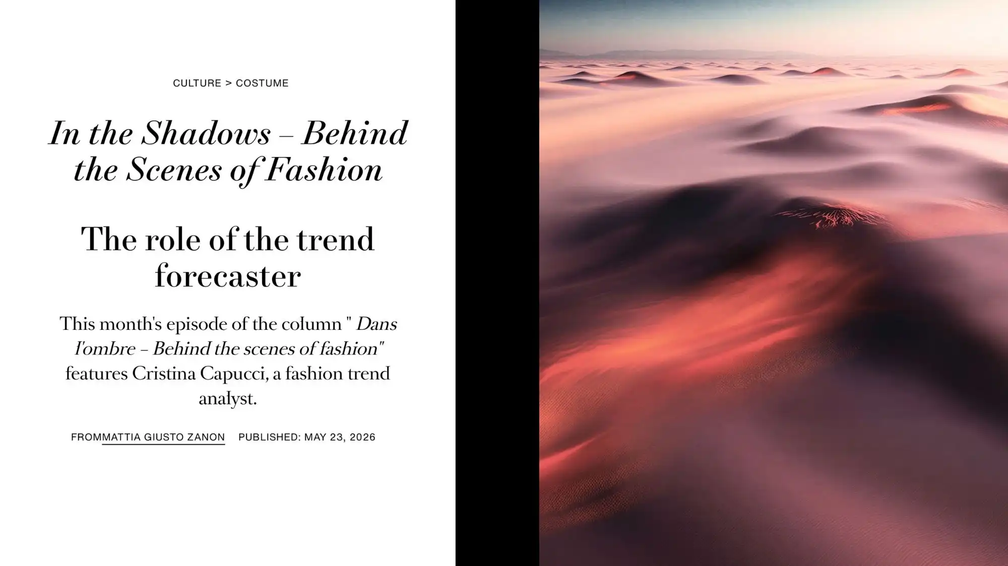 Editorial cover featuring Cristina Capucci in Harper’s Bazaar Italy discussing the evolving role of Fashion Trend Forecasting, paired with an abstract desert-inspired visual symbolising cultural movement, strategic clarity, and future-focused Trend Intelligence.