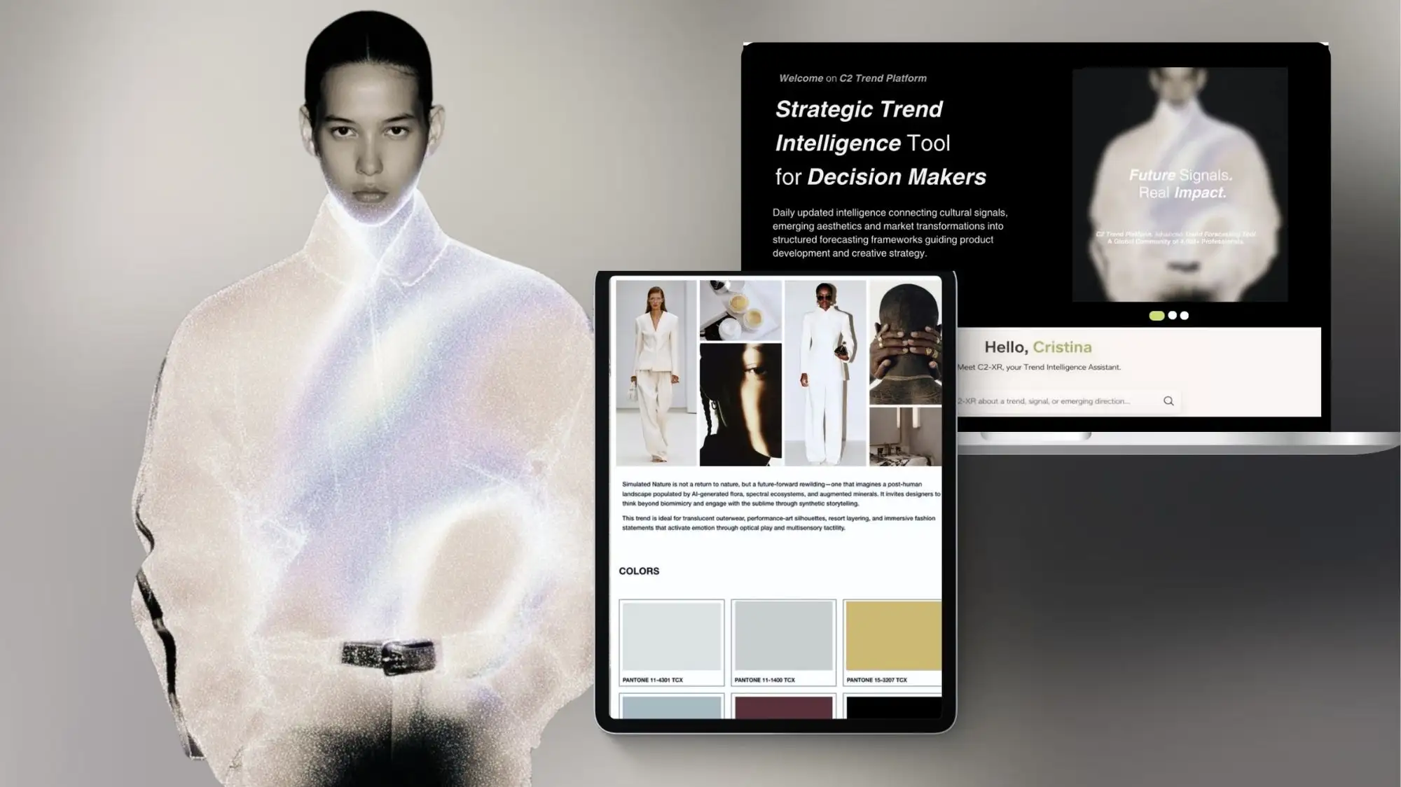 Fashion Trend Forecasting platform interface by C2 Fashion Studio featuring a futuristic fashion model, strategic trend dashboard, AI-powered Trend Intelligence assistant, and seasonal forecasting tools supporting product development and creative decision-making.