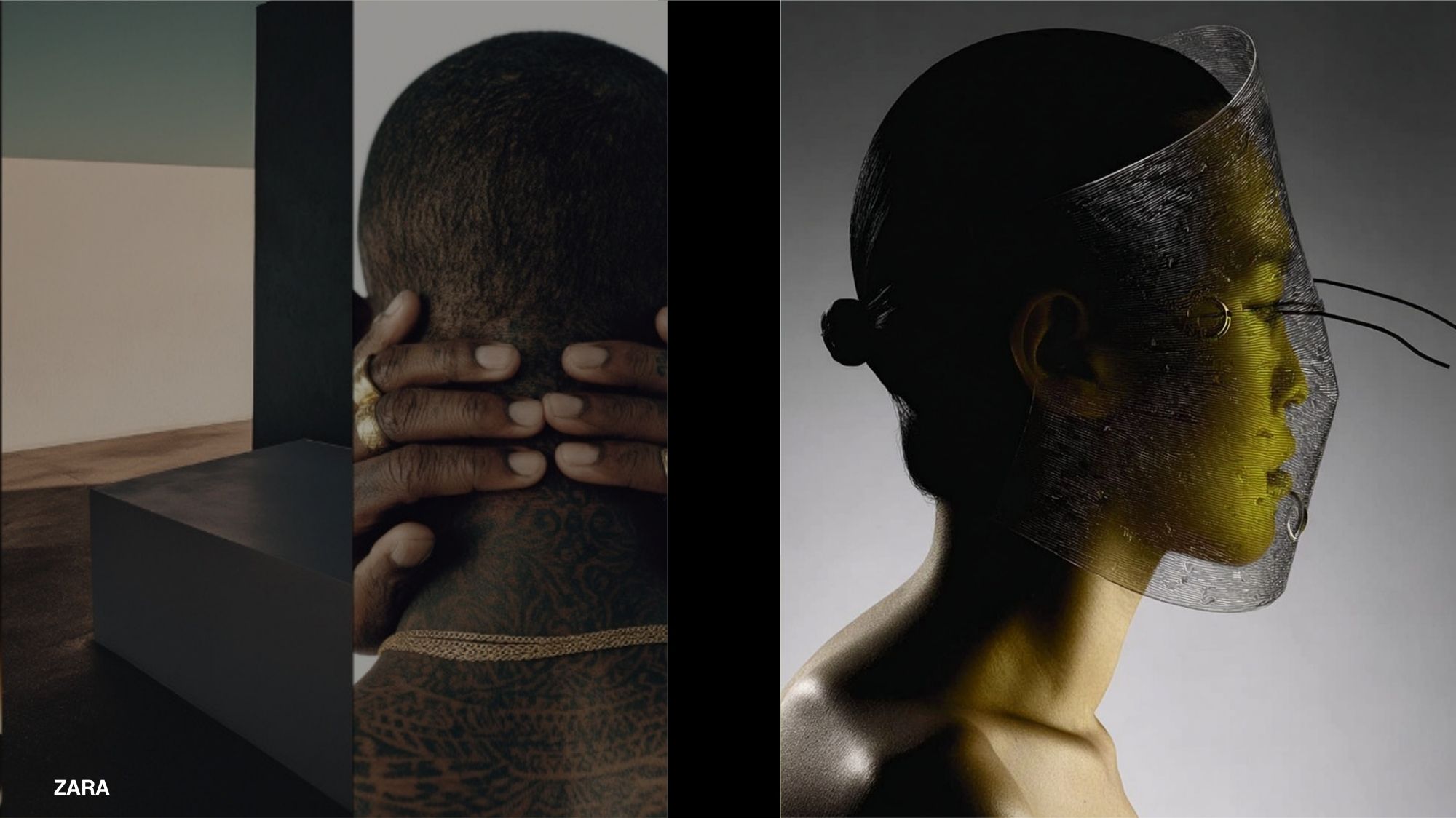 Editorial composition featuring architectural minimalism, tactile human expression, and a futuristic translucent face shield, representing Fashion Trend Forecasting, Trend Intelligence, human-centered innovation, and emerging design systems explored through C2 Fashion Studio.
