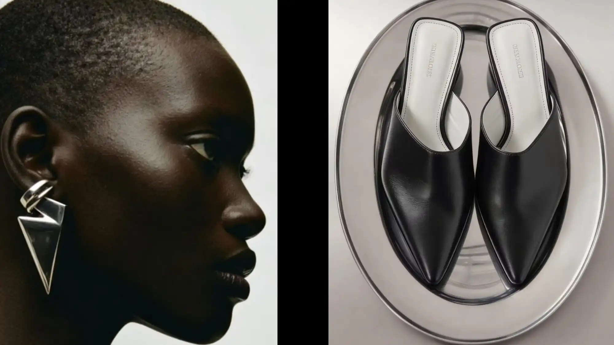 Minimal luxury fashion portrait featuring sculptural metallic jewelry and pointed black leather footwear, representing Clarity Intelligence, strategic Fashion Trend Forecasting, and refined contemporary luxury aesthetics by C2 Fashion Studio.
