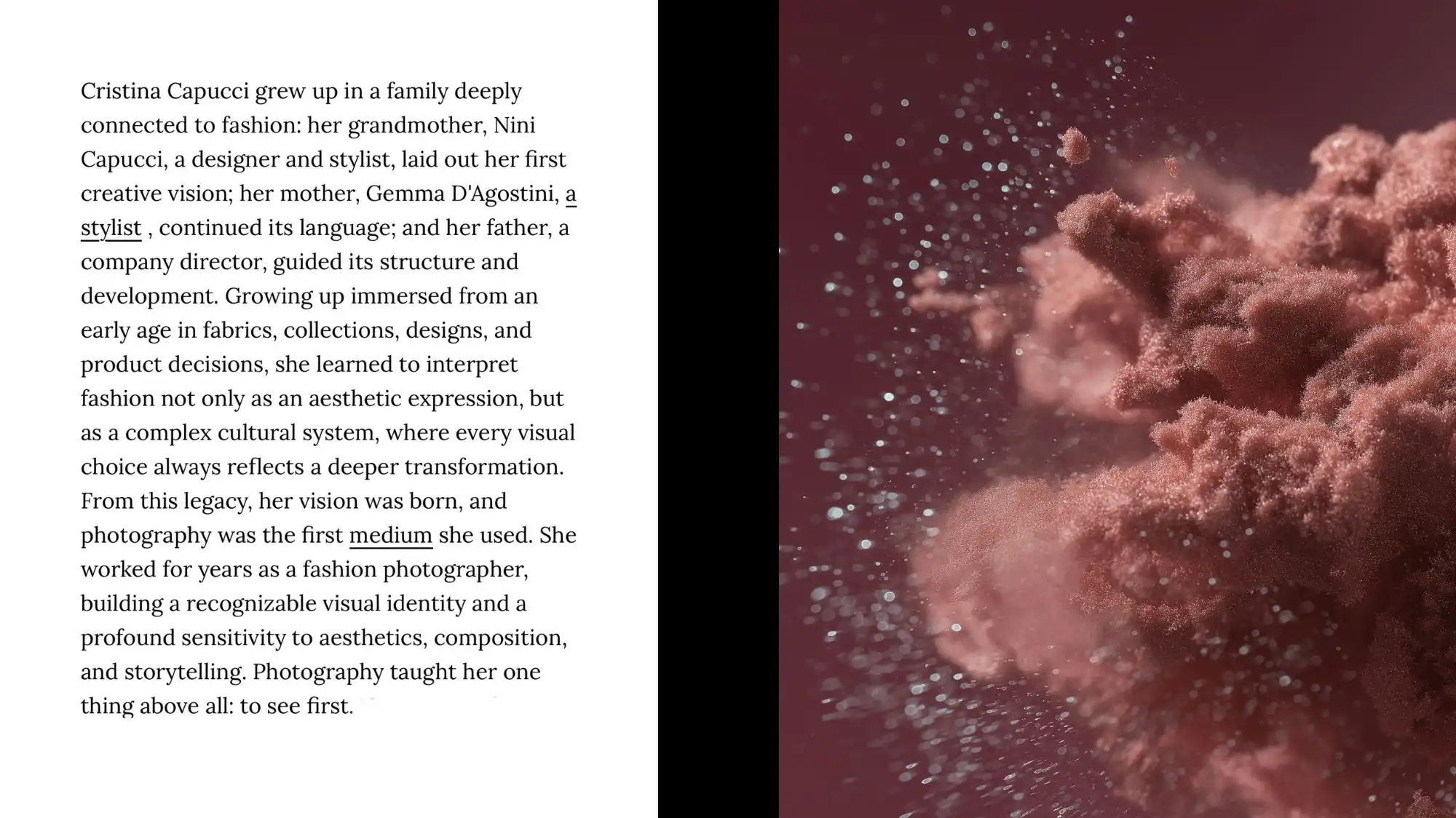 Editorial page featuring Cristina Capucci’s creative background and evolution from fashion photography to strategic Fashion Trend Forecasting, paired with an abstract textured visual symbolising cultural transformation, storytelling, and Trend Intelligence.