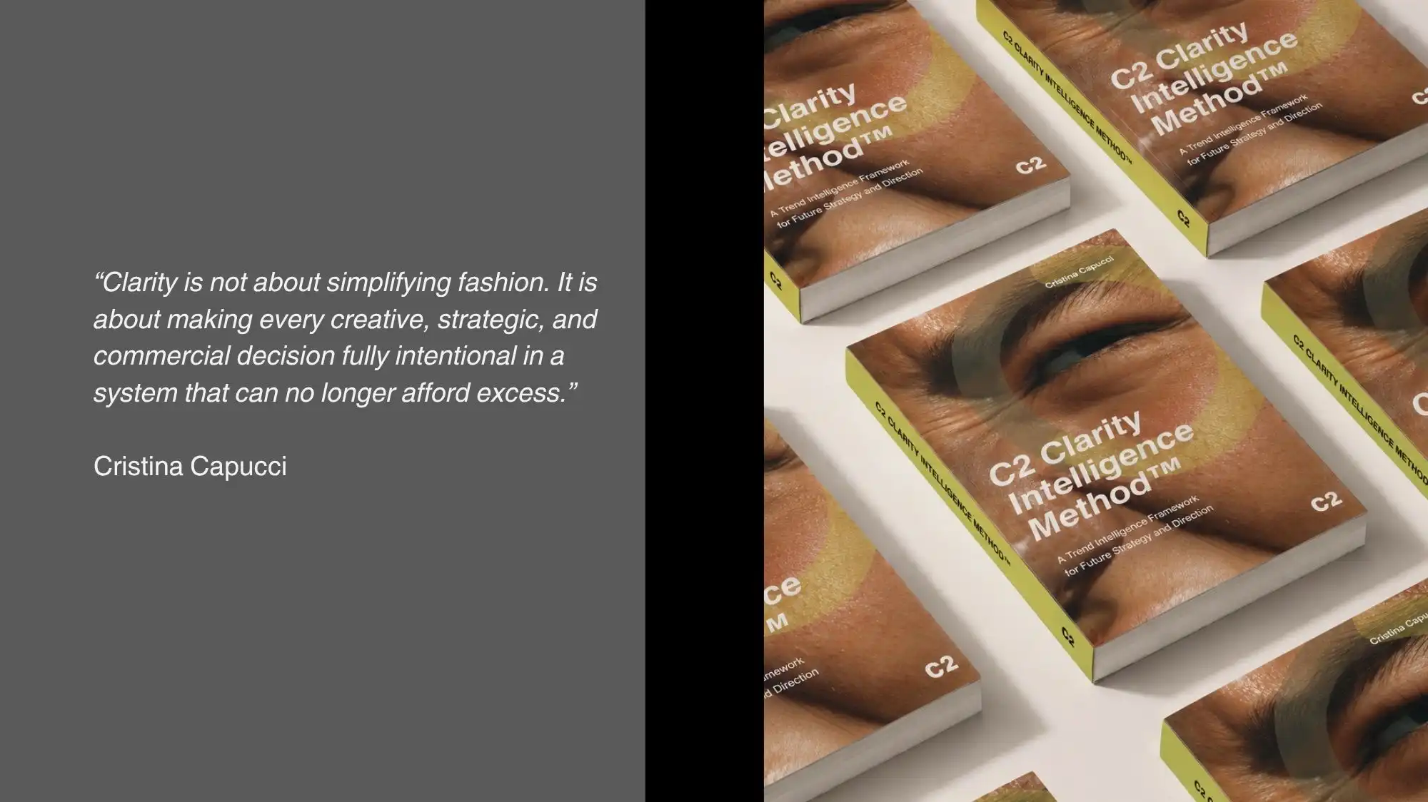 Editorial visual featuring multiple copies of C2 Clarity Intelligence Method™ by Cristina Capucci alongside a quote about strategic clarity, representing the evolution of Fashion Trend Forecasting, Trend Intelligence, and intentional decision systems developed through C2 Fashion Studio.