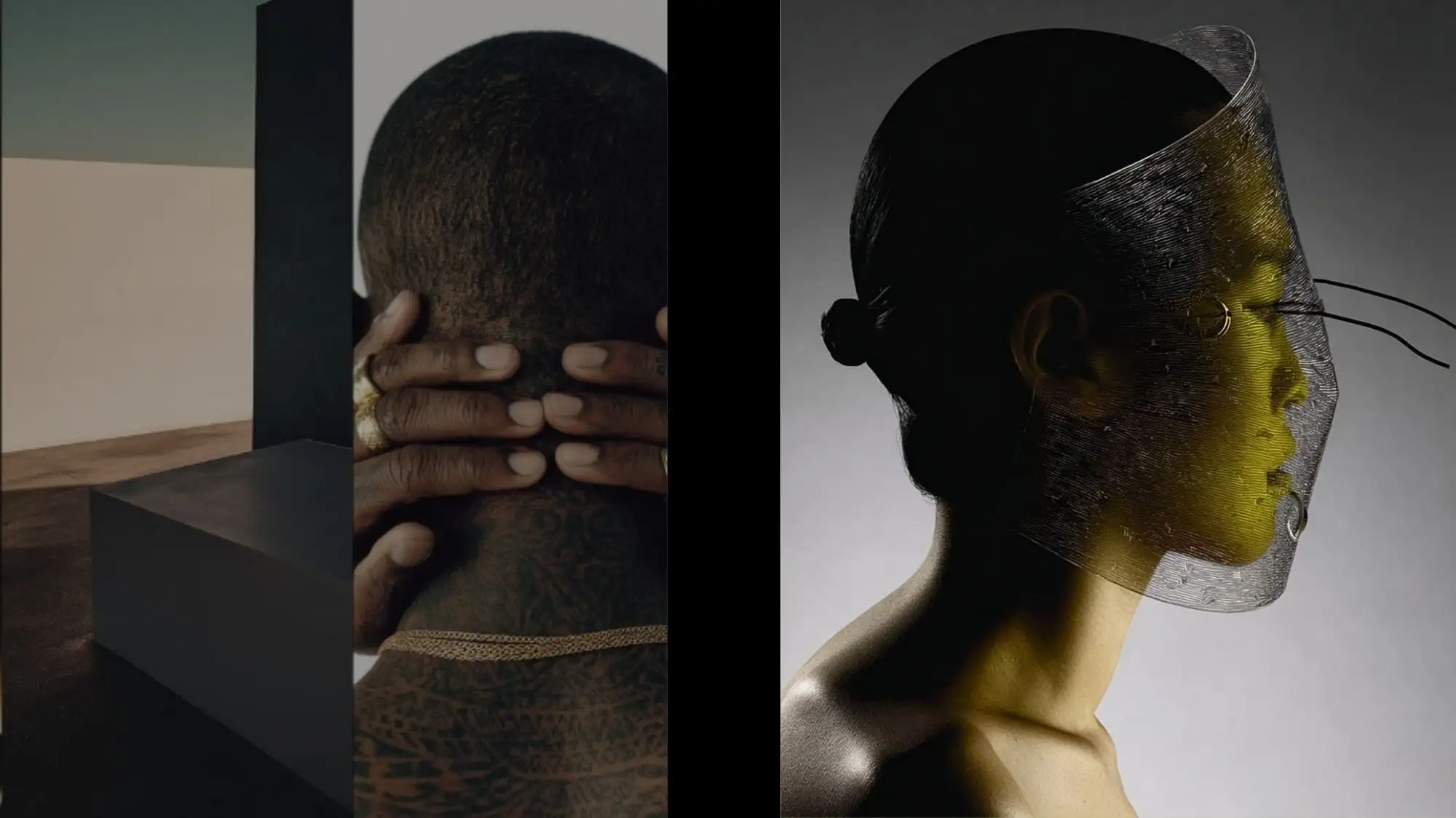 Fashion Trend Forecasting image featuring architectural minimalism, tactile human expression, and a futuristic transparent face structure, symbolizing the convergence of technology, identity, material innovation, and Trend Intelligence shaping future consumer culture.