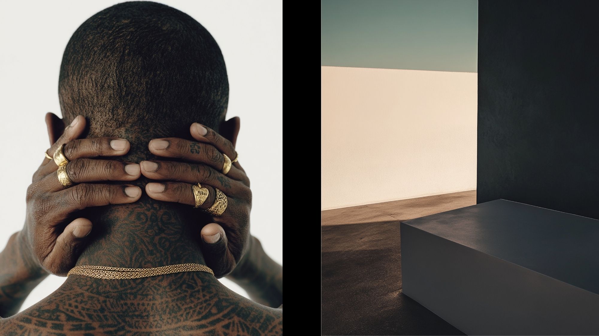 Minimal luxury portrait featuring tattooed skin, gold jewelry, and architectural interior minimalism, representing emotionally grounded fashion aesthetics and strategic luxury design for future Fashion Trend Forecasting.