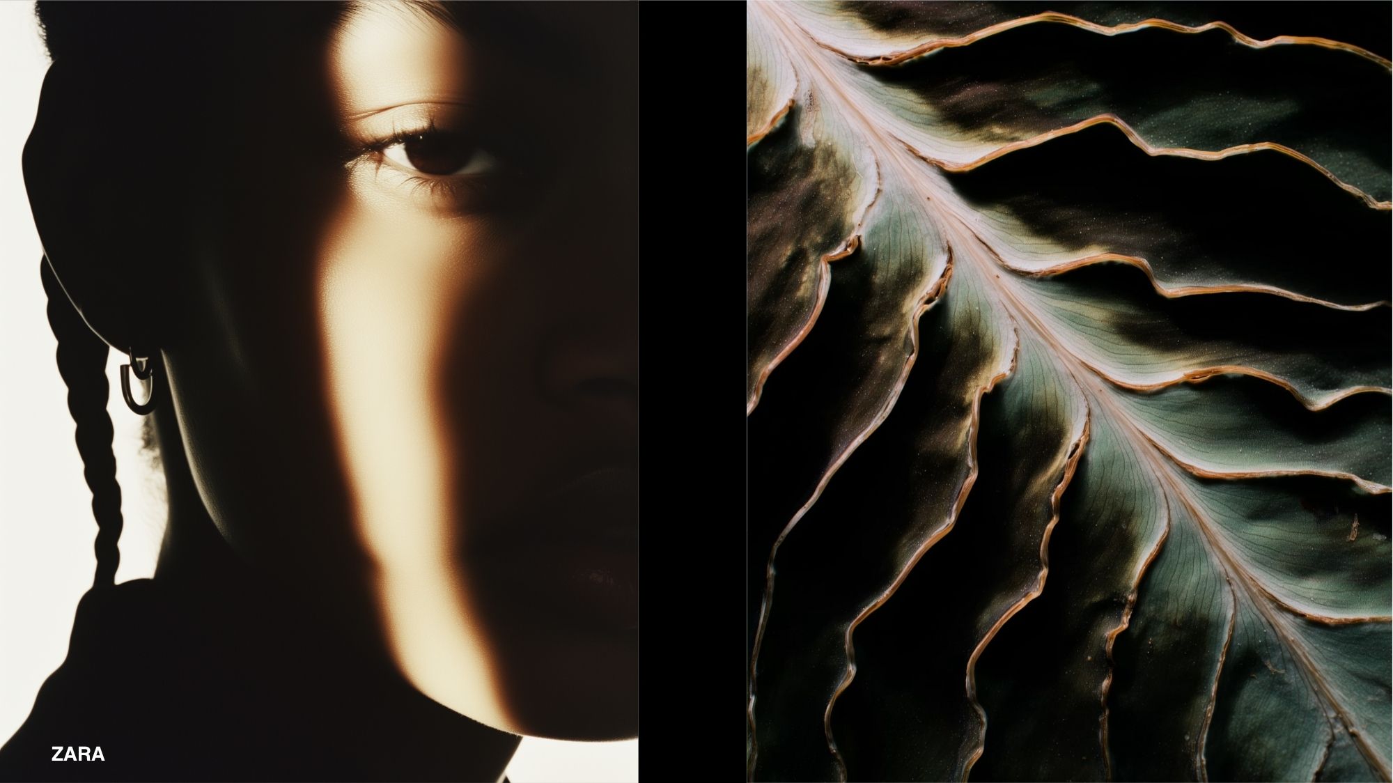 Editorial image featuring a dramatic portrait illuminated by a narrow beam of light alongside a close-up botanical texture, representing Fashion Trend Forecasting, Trend Intelligence, human perception, material innovation, and future-focused creative direction through C2 Fashion Studio.