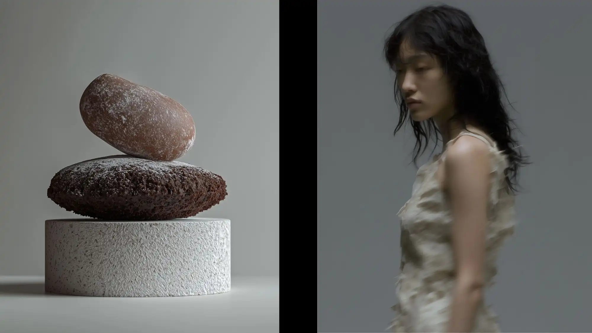 Organic sculptural forms and soft tactile fashion aesthetics for Spring Summer 2028 featuring textured mineral-inspired objects, fluid movement, and emotionally sensitive design aligned with future luxury and sensory minimalism trends.