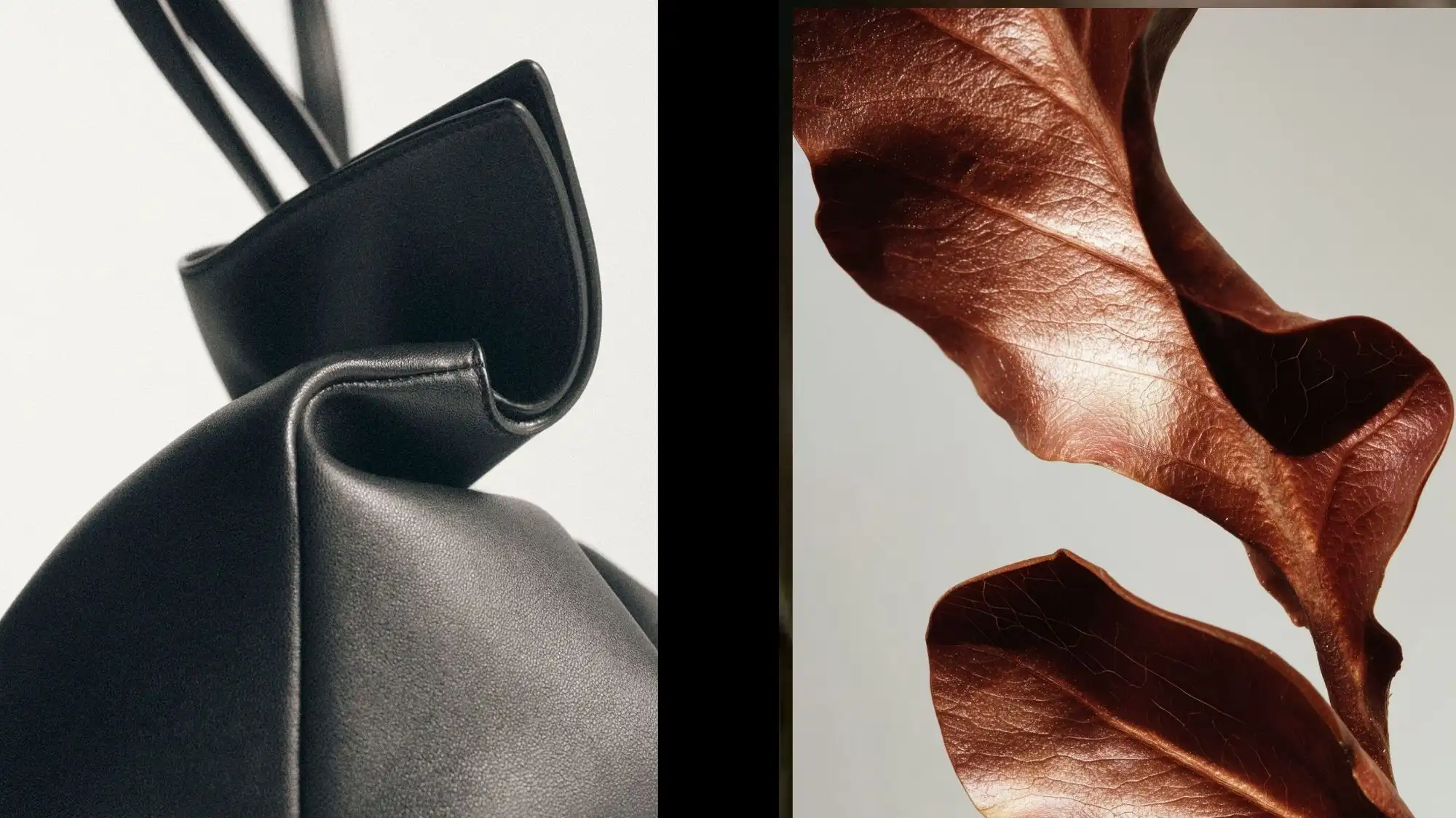Minimalist black leather sculptural bag paired with organic copper-toned leaf textures, representing strategic luxury accessories, material intelligence, and Fashion Trend Forecasting aesthetics by C2 Fashion Studio.