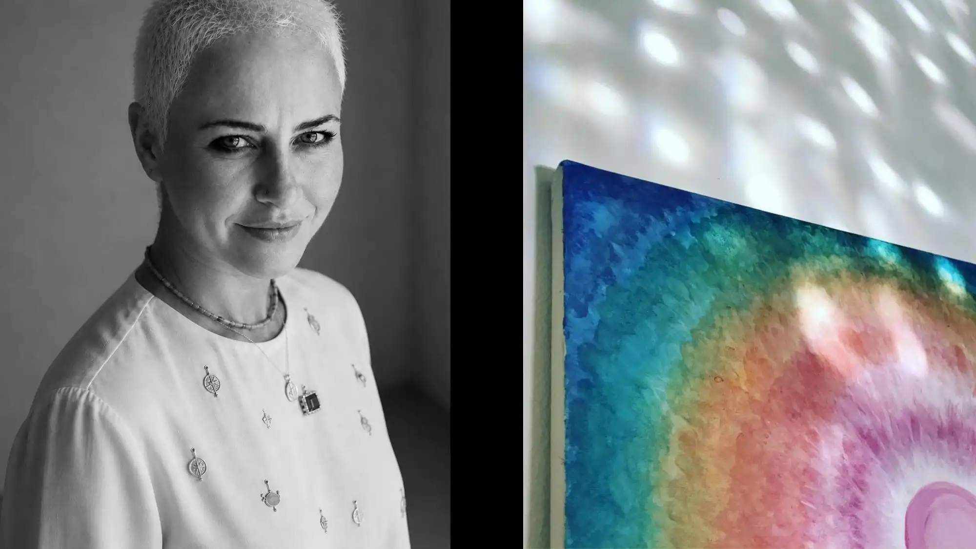 Cristina Capucci portrait with color artwork, representing Fashion Trend Forecasting, color intelligence, and creative direction at C2 Fashion Studio