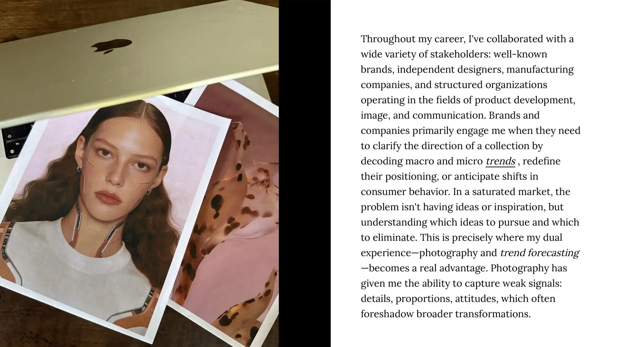 Editorial layout featuring Cristina Capucci’s visual research materials, Fashion Trend Forecasting imagery, and reflections on strategic Trend Intelligence, highlighting the relationship between photography, weak signal analysis, and future consumer behaviour through C2 Fashion Studio.