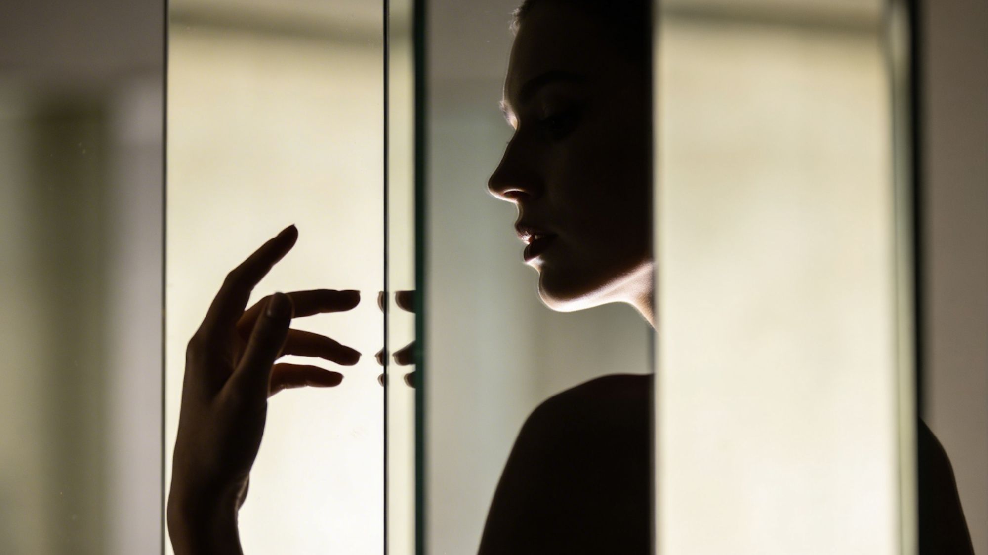 Minimalist beauty portrait with soft illuminated panels and reflective surfaces, representing sensory luxury, emotional intimacy, and future-focused aesthetic minimalism in Fashion Trend Forecasting.