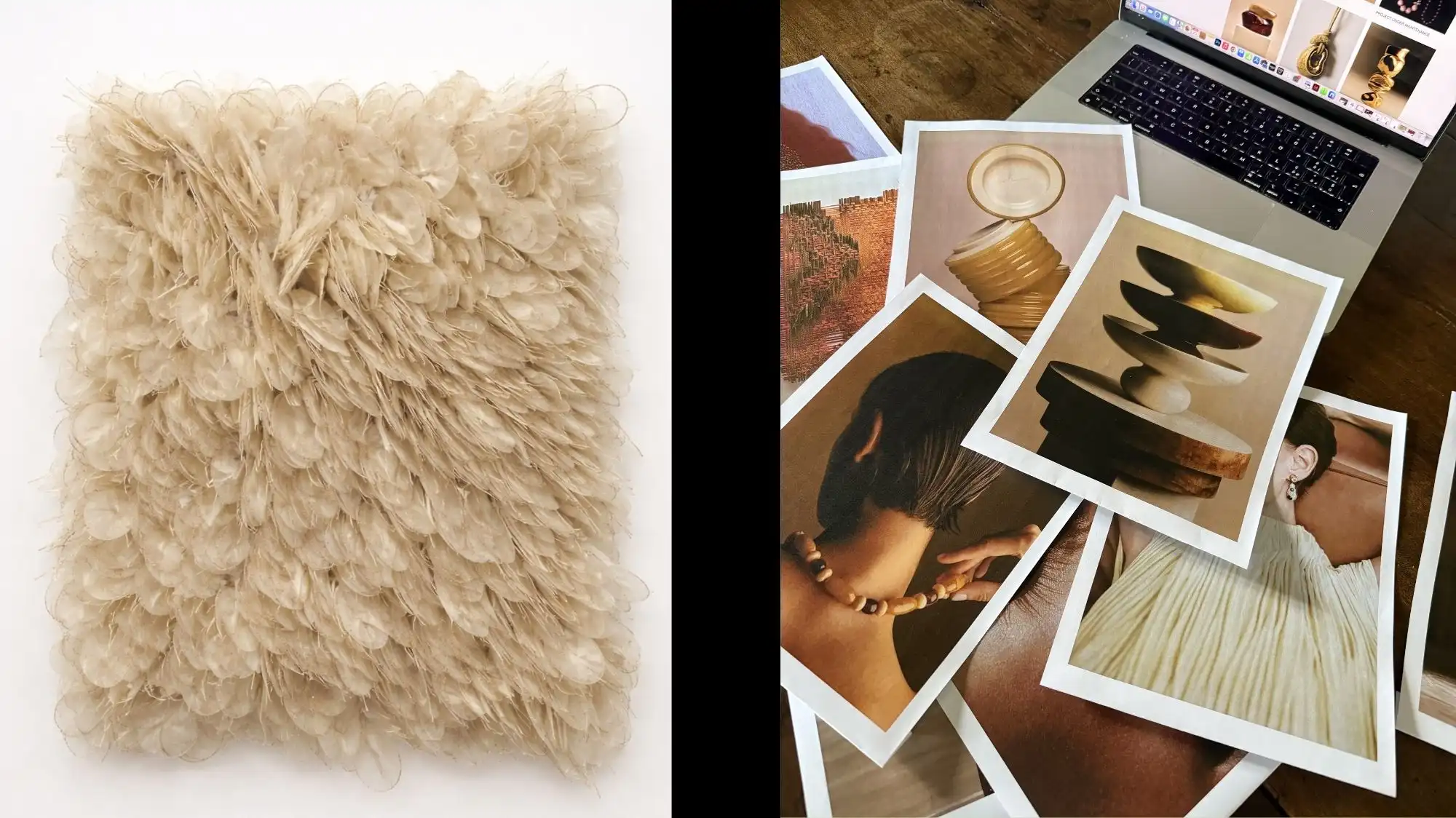 Material texture sample and curated moodboard images representing Fashion Trend Forecasting, material intelligence, and design research at C2 Fashion Studio