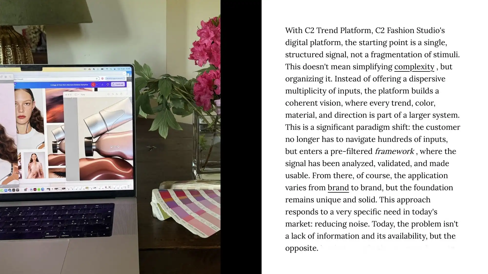 Laptop displaying visual trend research and C2 Trend Platform creative forecasting materials, representing Fashion Trend Forecasting, Trend Intelligence, and structured strategic direction developed by C2 Fashion Studio.