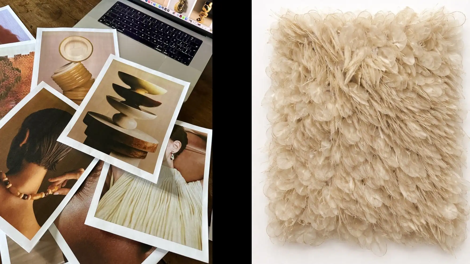 Creative research desk featuring curated visual references, material inspiration, jewelry details, and sculptural forms used in Fashion Trend Forecasting and Trend Intelligence research by C2 Fashion Studio, paired with an experimental textured textile sample symbolising material innovation and sensory design.