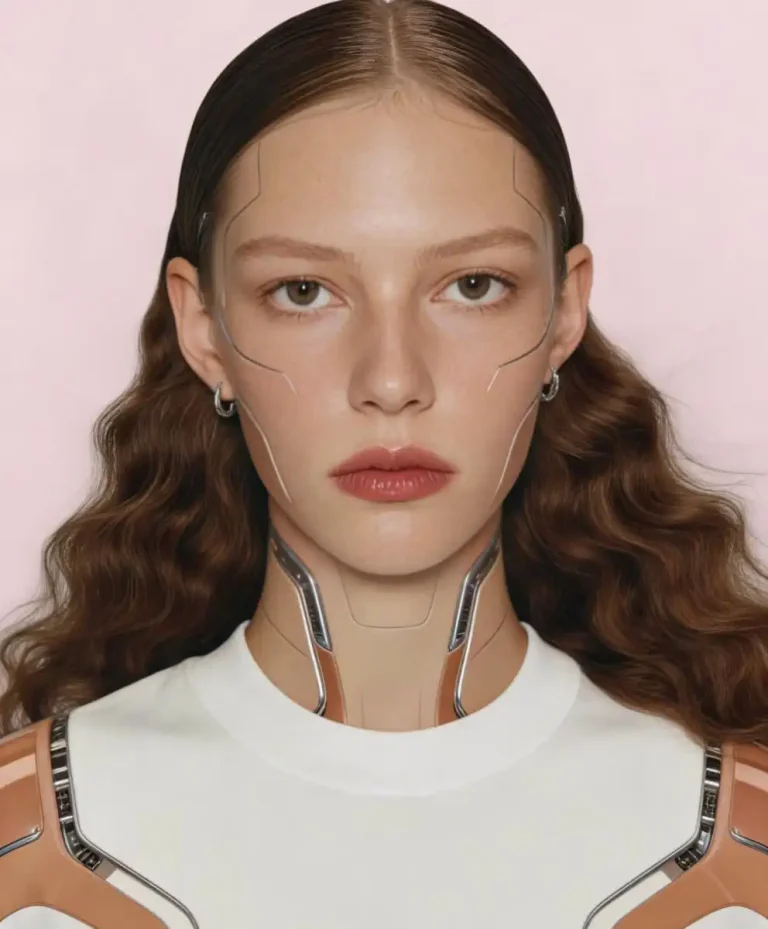 Portrait of a futuristic female figure blending human beauty and advanced technology, representing the evolution of Fashion Trend Forecasting, Trend Intelligence, and strategic clarity in contemporary creative industries by C2 Fashion Studio.