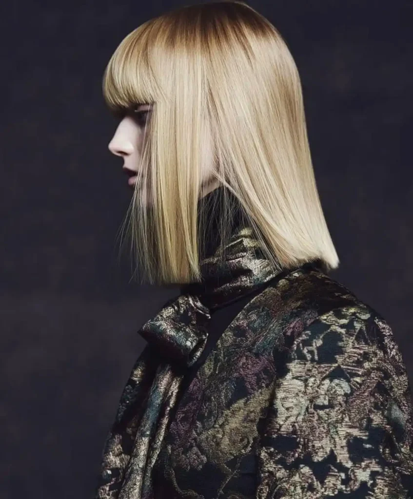 Fashion Trend Forecasting Autumn Winter 2027 2028 by C2 Fashion Studio featuring a blonde model in a structured bob haircut and dark metallic jacquard coat, representing grounded luxury, depth over speed, and strategic fashion intelligence for AW 2027 2028.
