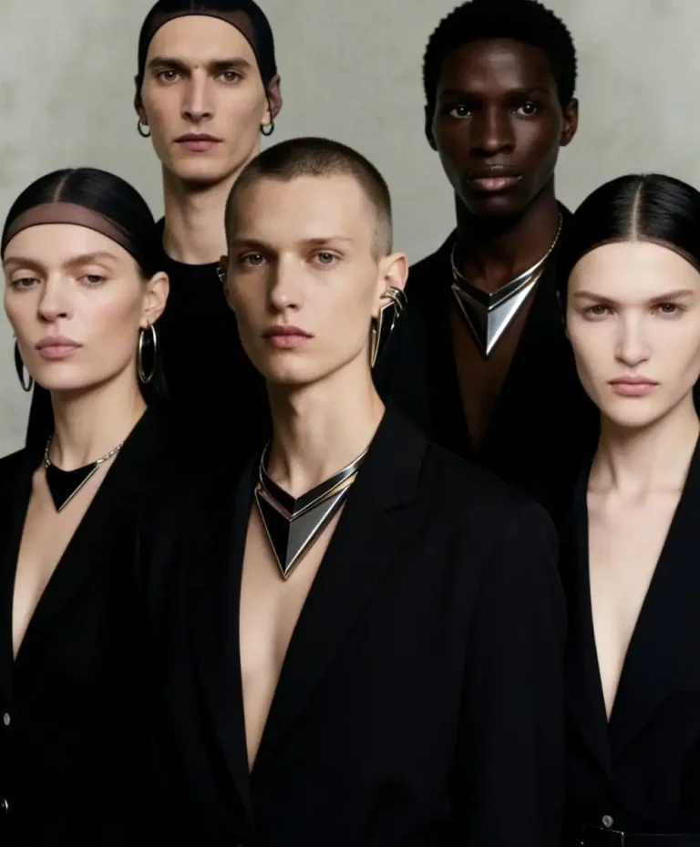 Minimalist luxury fashion portrait featuring diverse models in sharp black tailoring and sculptural metallic jewelry, representing Clarity Decision Intelligence and Fashion Trend Forecasting by C2 Fashion Studio for future-focused luxury aesthetics.