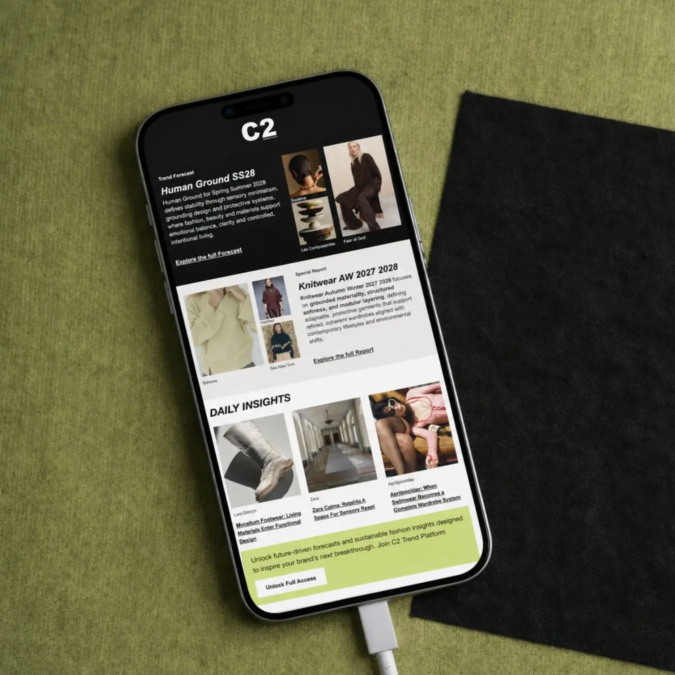 C2 Trend Platform mobile interface showing Fashion Trend Forecasting, Daily Insights, and Trend Intelligence tools by C2 Fashion Studio