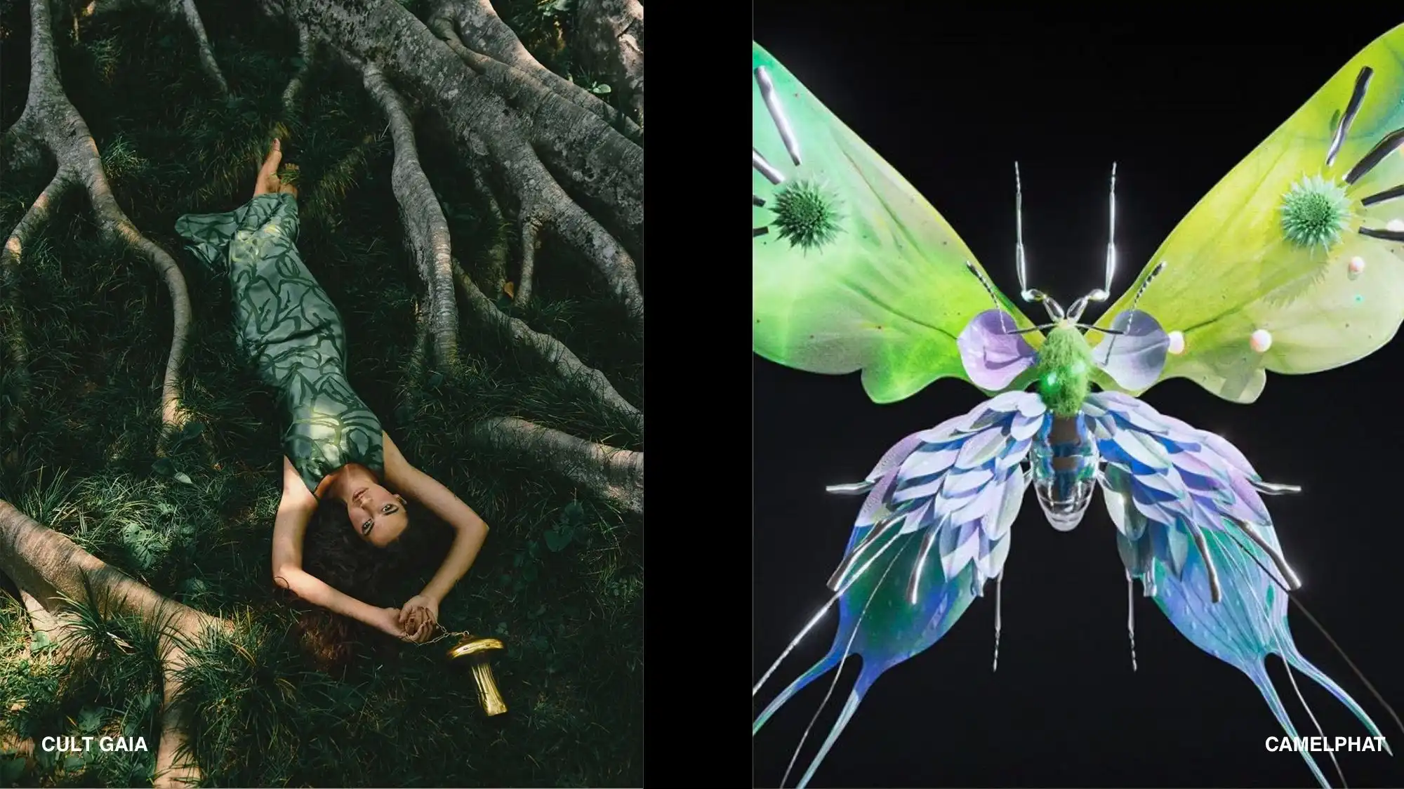 Symbiotic Futures trend moodboard for Spring Summer 2027 featuring a model integrated within forest root systems alongside a bio-inspired luminous butterfly, illustrating regenerative design, biomimicry, bio-intelligent innovation, and nature-technology convergence in Fashion Trend Forecasting.