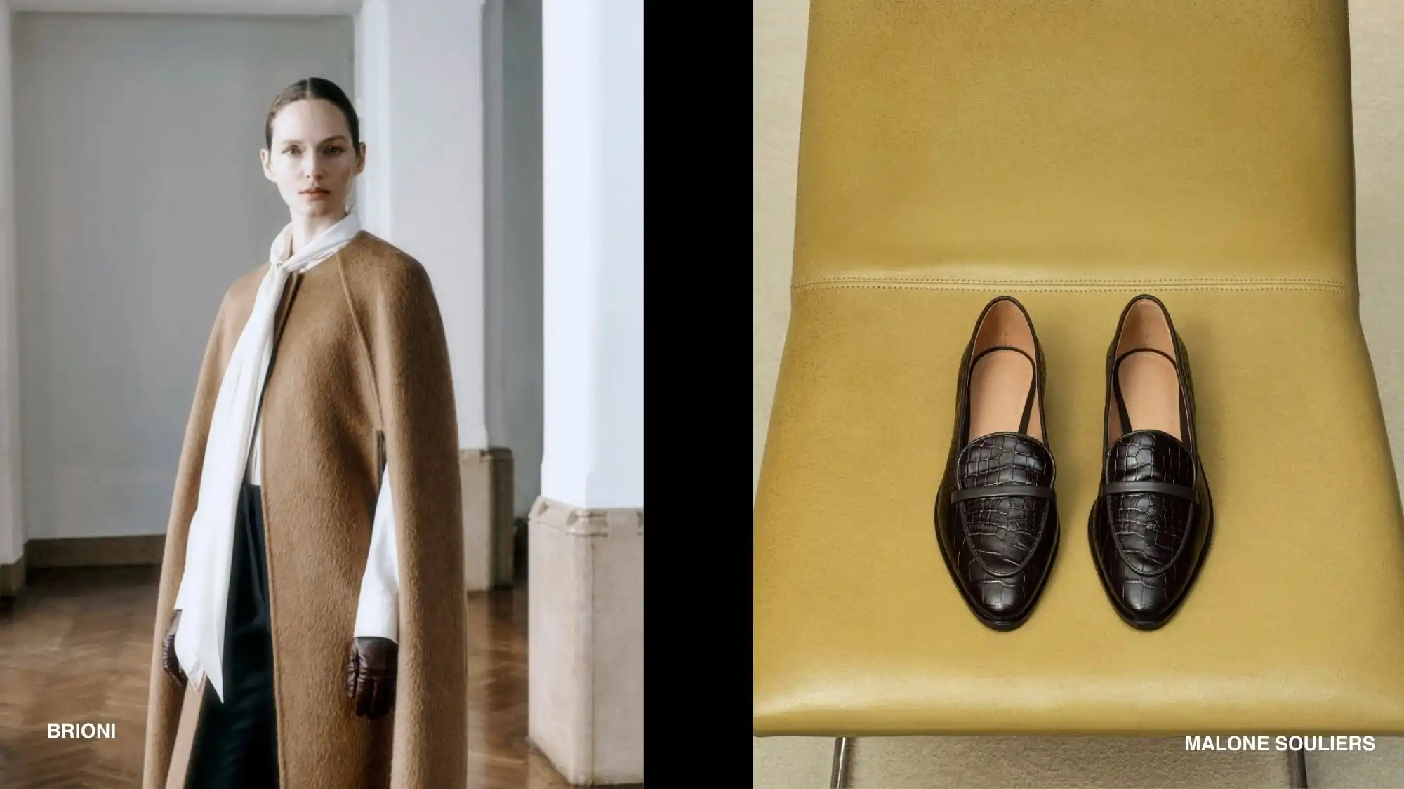 Fashion Trend Forecasting Autumn Winter 2027 2028 by C2 Fashion Studio featuring a refined camel cape, fluid white scarf, leather gloves, and timeless loafers that embody The New Familiar trend through trust, permanence, craftsmanship, and enduring elegance.