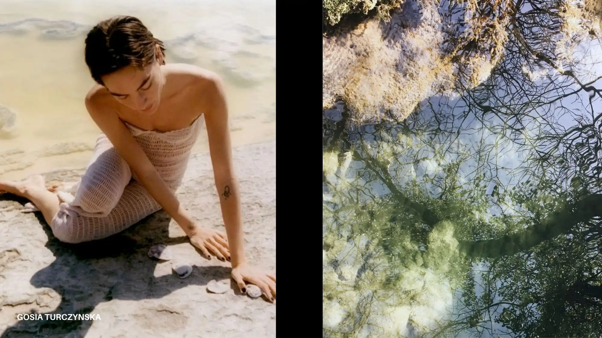 Luminous Balance Spring Summer 2028 Color Trend Forecast moodboard featuring soft mineral waters, natural reflections, organic textures, and a neutral open-knit fashion look. The imagery expresses visual equilibrium, emotional calm, Material Intelligence, and nature-inspired color harmony identified through C2 Fashion Studio Trend Forecasting.