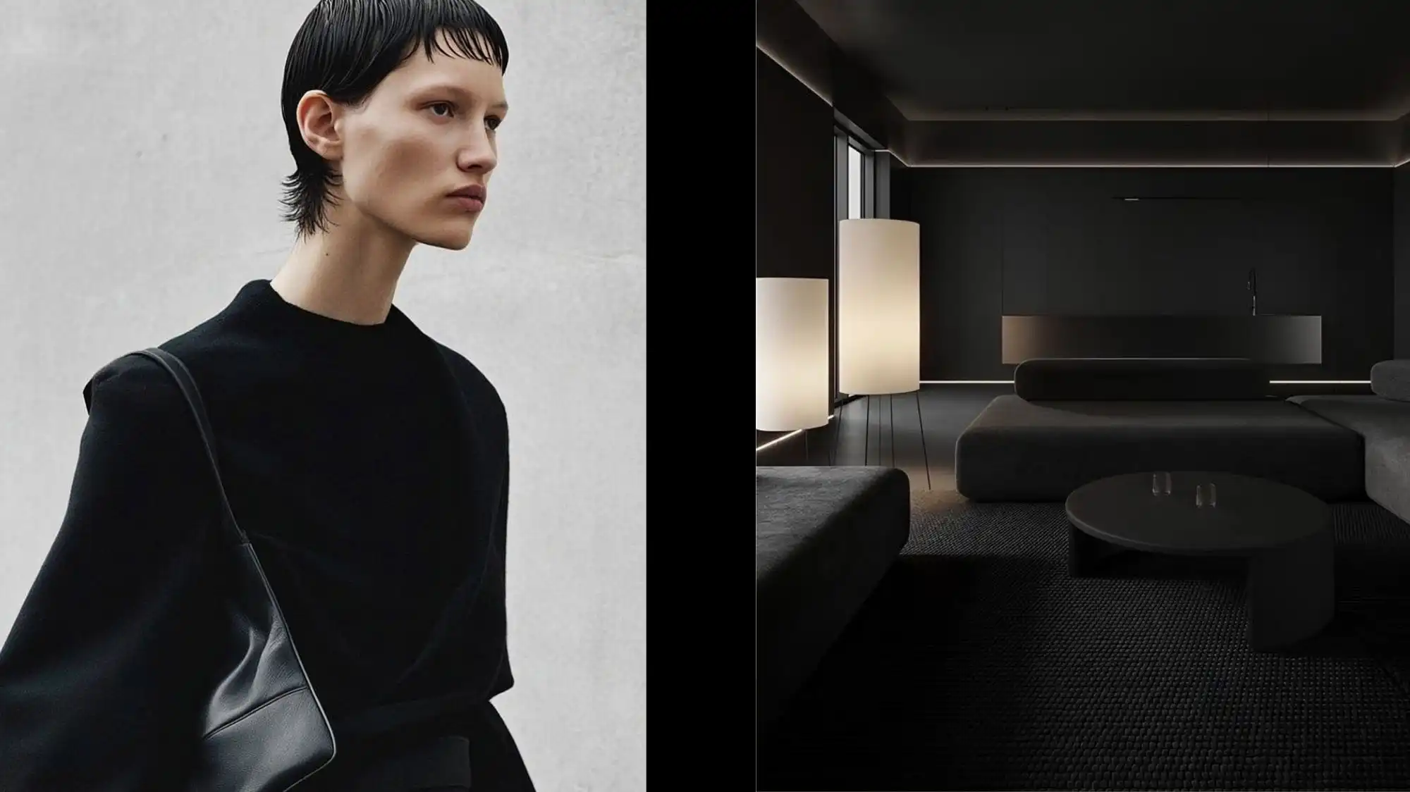 Minimalist fashion portrait paired with a dark contemporary interior, illustrating the convergence of refined fashion aesthetics, architectural living, and emerging lifestyle directions identified through Fashion Trend Forecasting and Trend Intelligence.